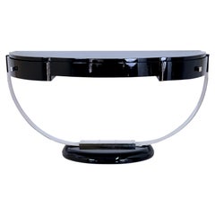 French 1930s Art Deco Console Table in Black Lacquer and Chromed Metal Brace