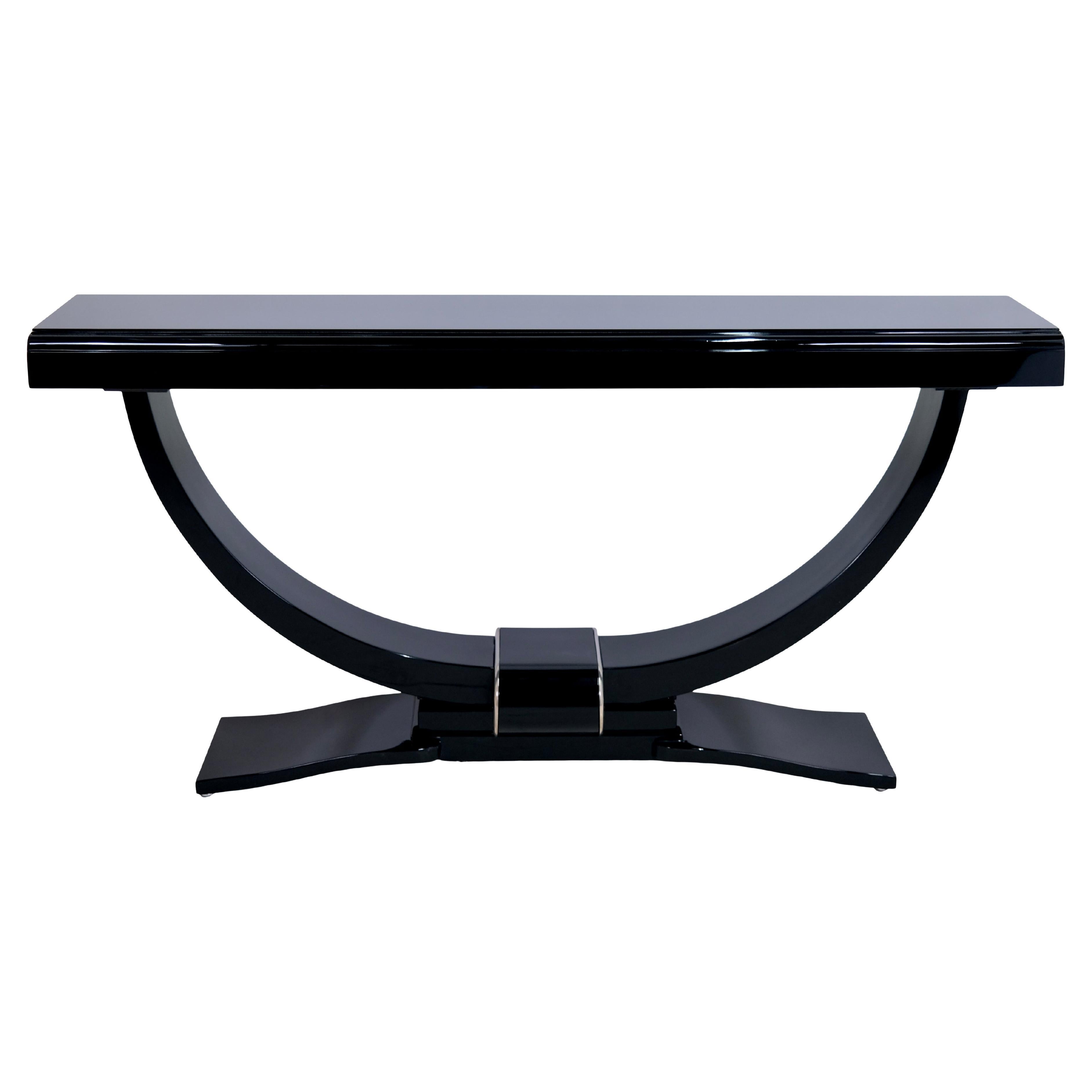 French 1930s Art Deco Console Table in Black Lacquer and Metal Applications