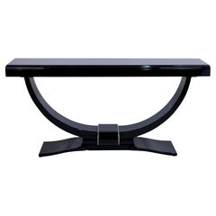 French 1930s Art Deco Console Table in Black Lacquer and Metal Applications