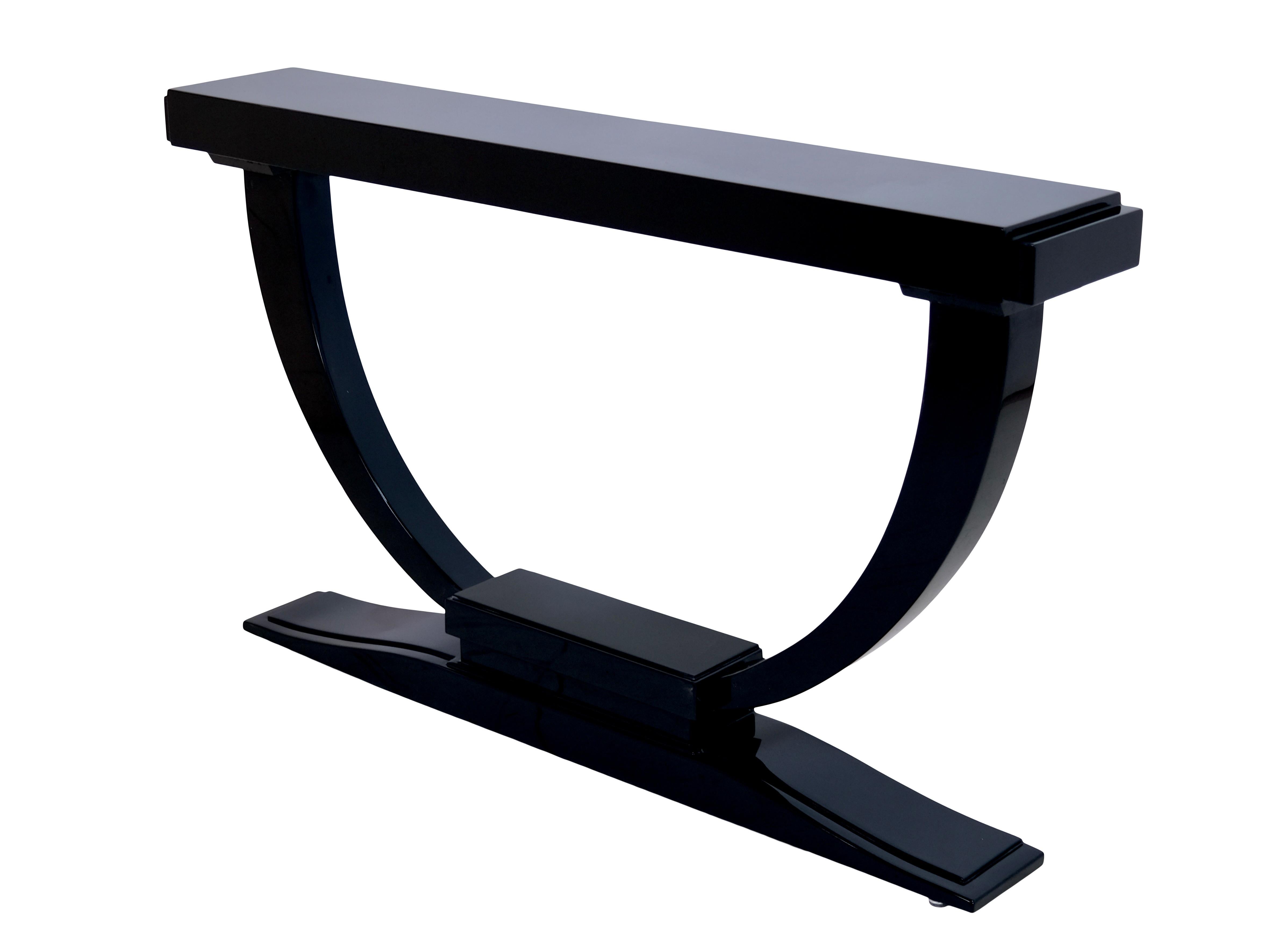 French 1930s Art Deco Console Table in Black Lacquer with Tapered Swing In Good Condition In Ulm, DE