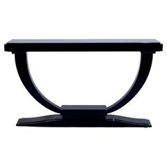 French 1930s Art Deco Console Table in Black Lacquer with Tapered Swing