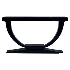 French 1930s Art Deco Console Table in Black Lacquer with U-Swing