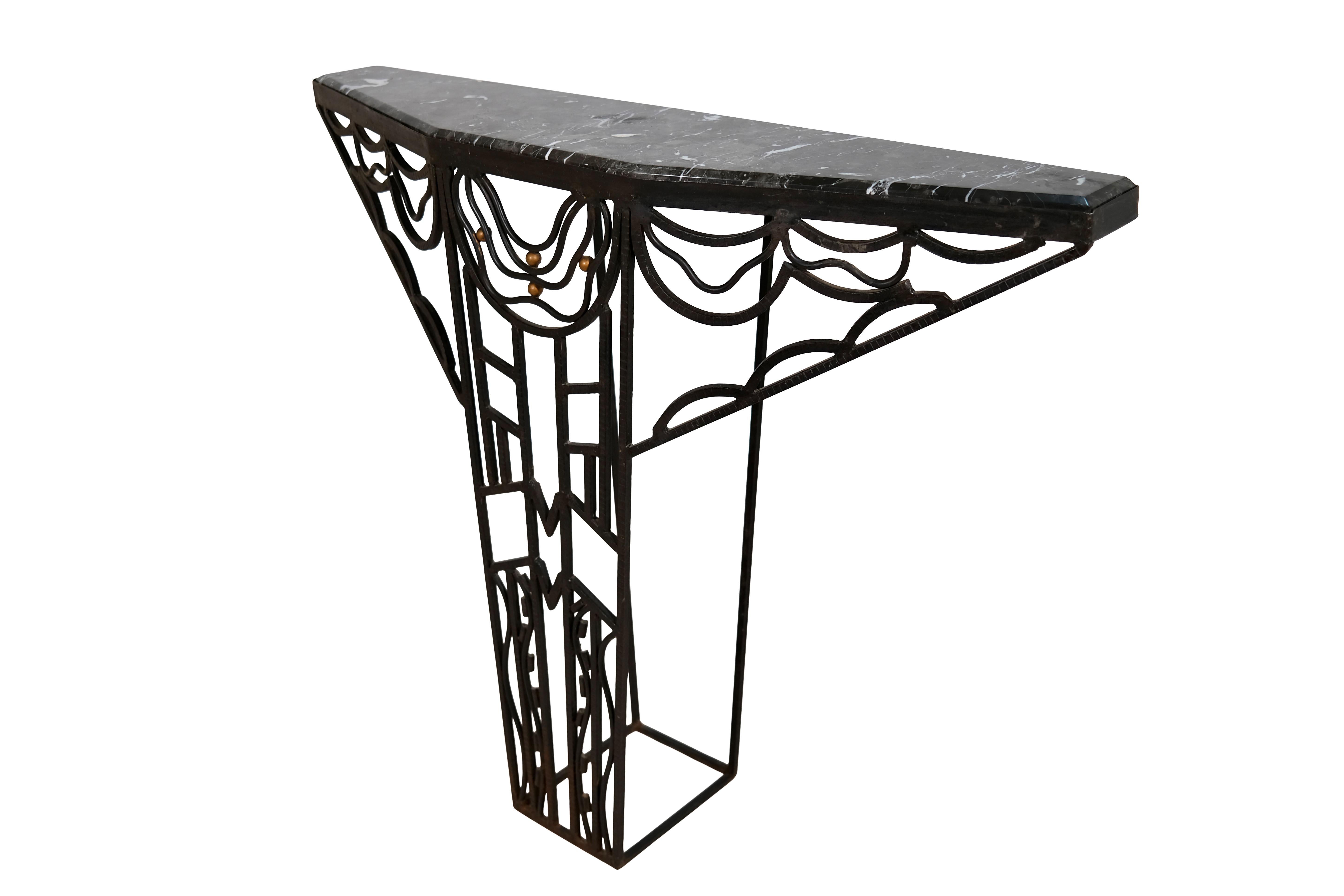 French 1930's Art Deco Console Table in Wrought Iron with Marble Top In Fair Condition In Ulm, DE