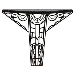 French 1930's Art Deco Console Table in Wrought Iron with Marble Top