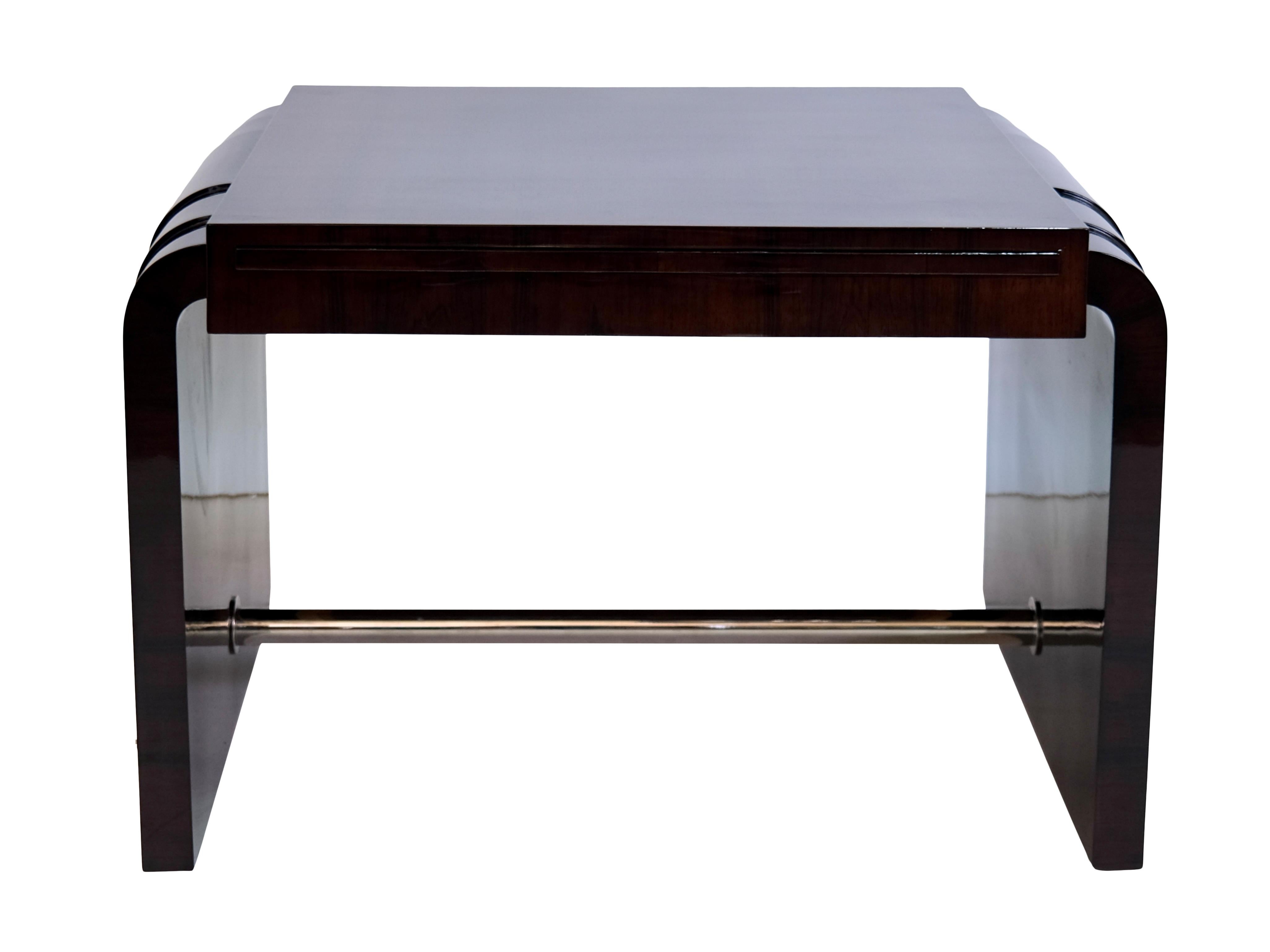 Lacquered French 1930s Art Deco Couch Table with Two Rounded Sides and Chromed Rod