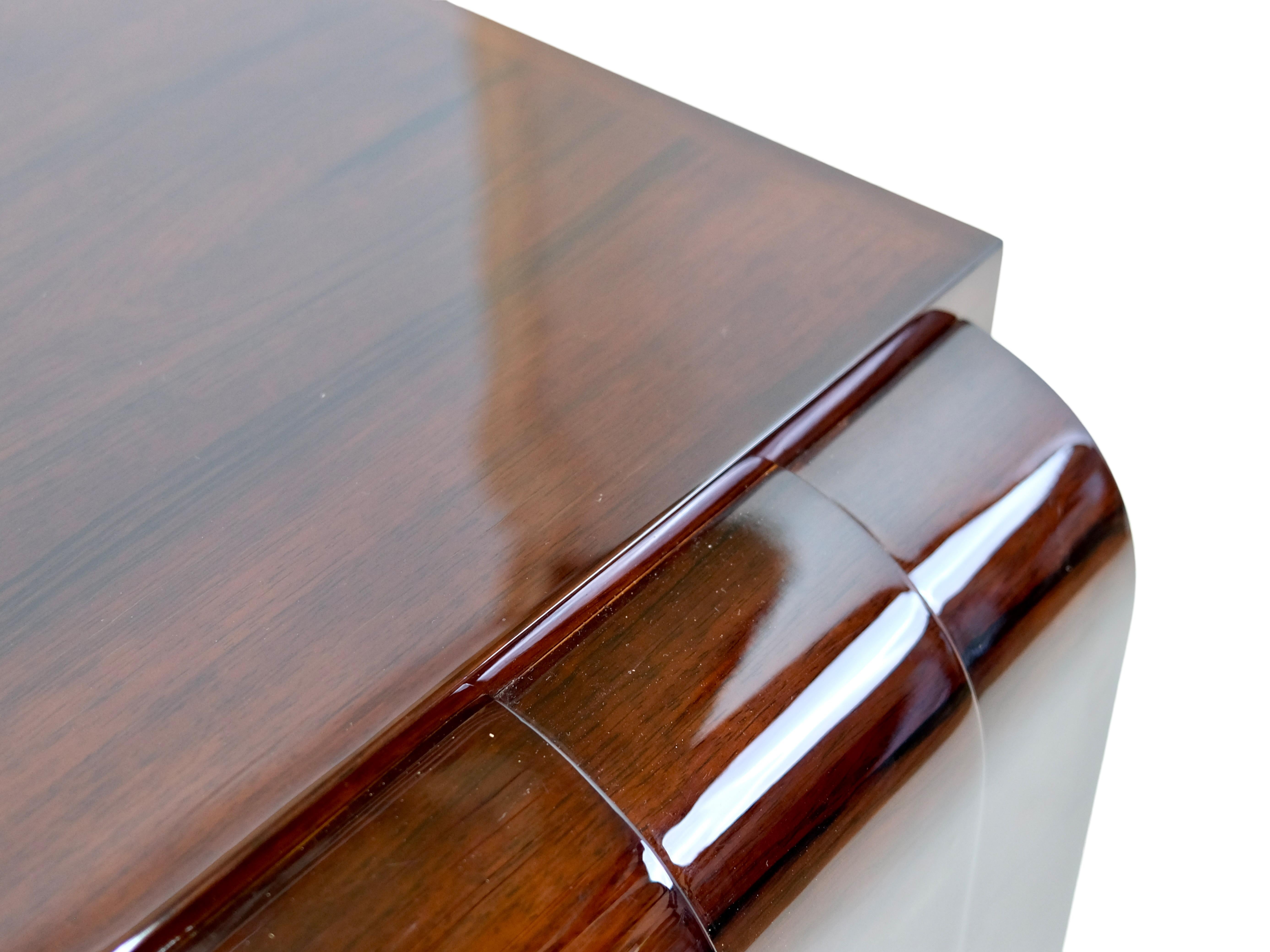 Wood French 1930s Art Deco Couch Table with Two Rounded Sides and Chromed Rod