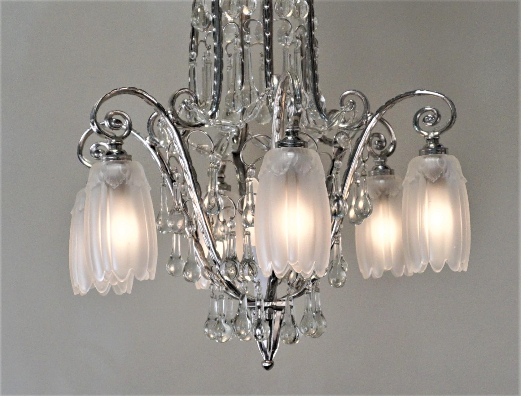 French 1930s Art Deco Crystal and Nickel Chandelier 1