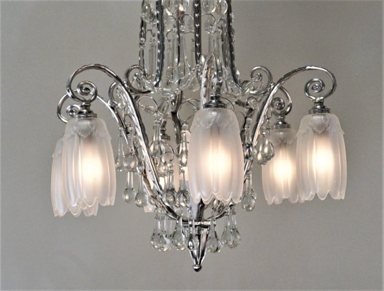 French 1930s Art Deco Crystal and Nickel Chandelier For Sale 4