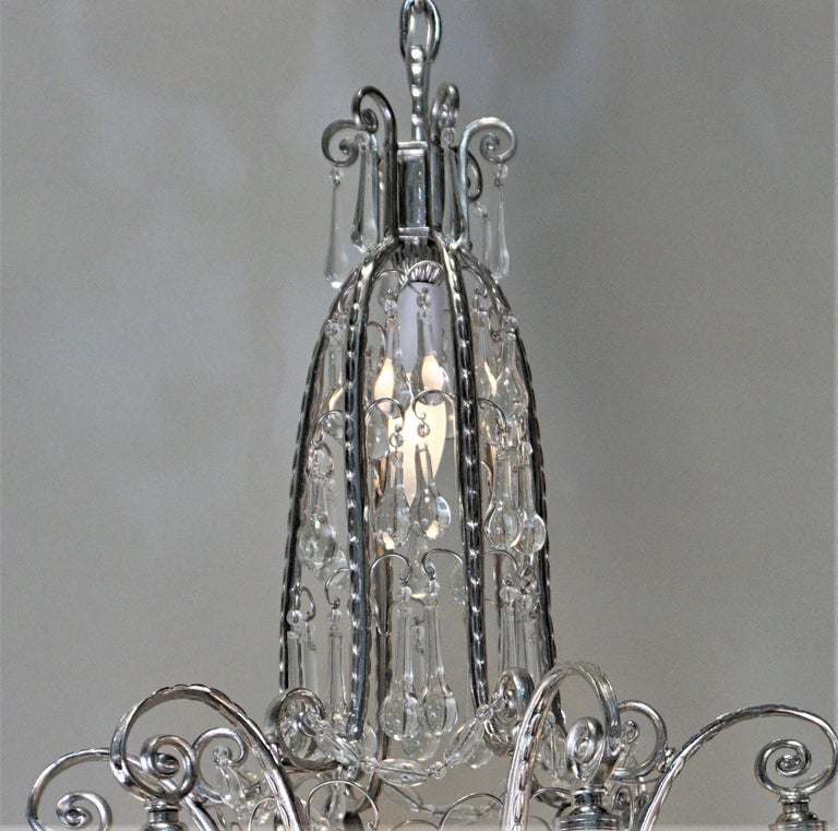 French 1930s Art Deco Crystal and Nickel Chandelier In Good Condition For Sale In Fairfax, VA