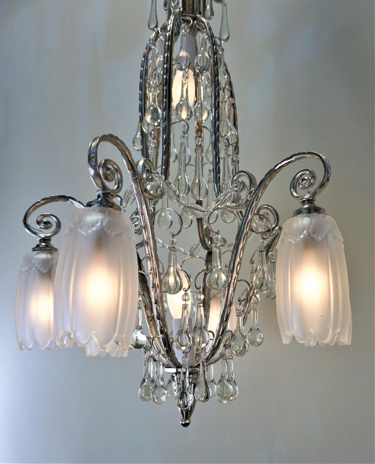 French 1930s Art Deco Crystal and Nickel Chandelier For