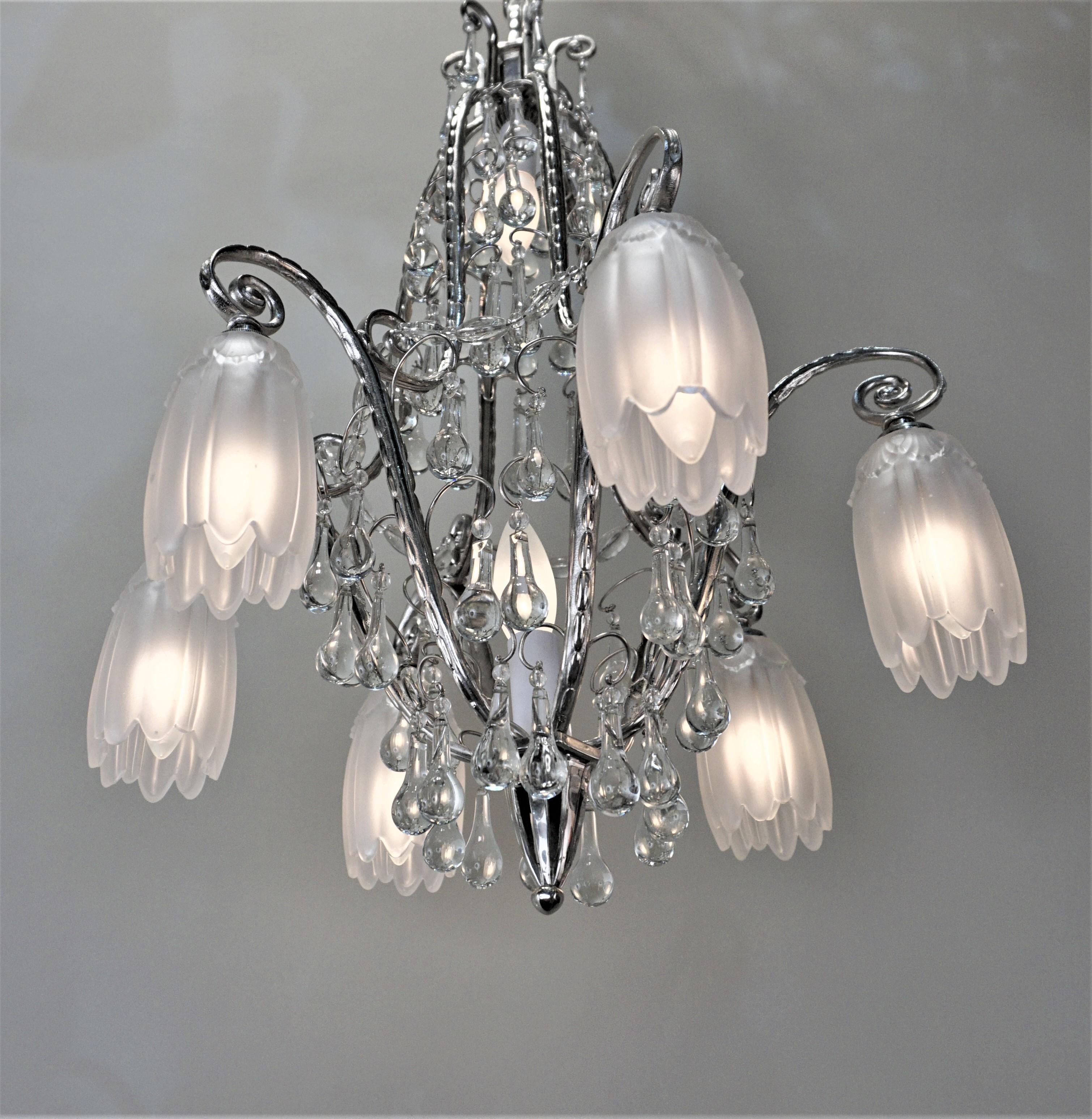 French 1930s Art Deco Crystal and Nickel Chandelier In Good Condition In Fairfax, VA