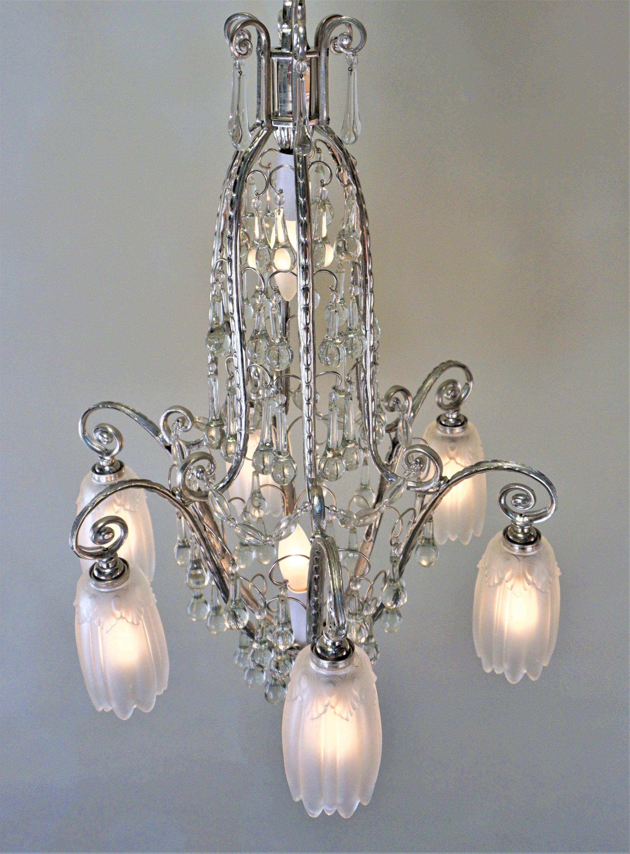 Mid-20th Century French 1930s Art Deco Crystal and Nickel Chandelier