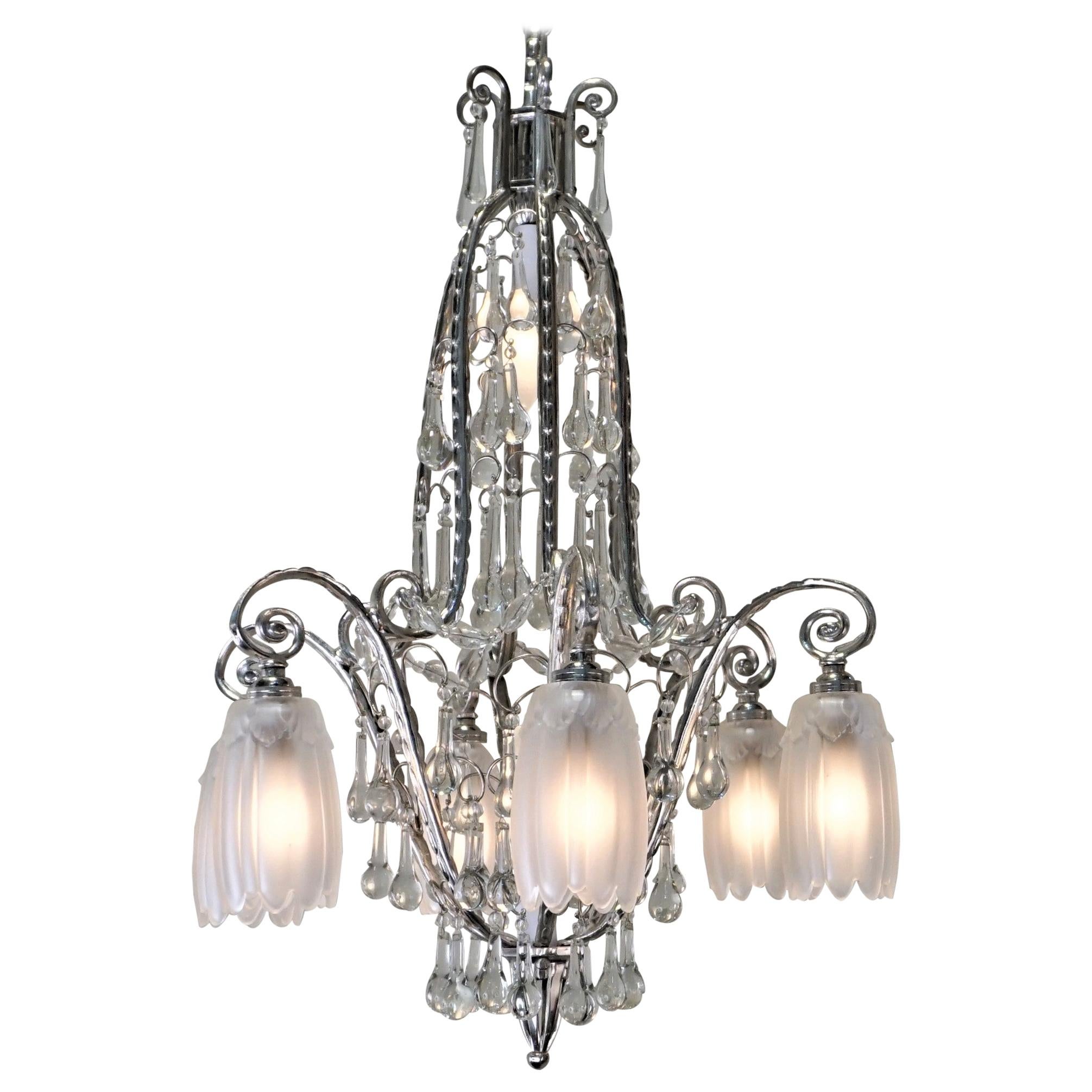 French 1930's Art Deco Chandelier Nickel and Glass at 1stDibs art