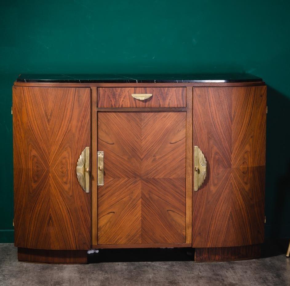 French Art Deco 1930s design sideboard in walnut wooden marquetry with brass finishes and black marble tray ; amazing French workmanship, noble materials ( wood structure and brass finish) 3 doors panel, full of charm and character, harmonious and