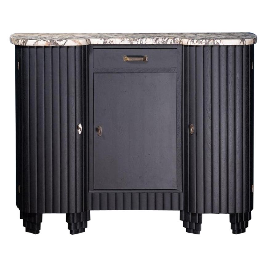 French 1930s Art Deco Design White Marble and Black Wooden Sideboard