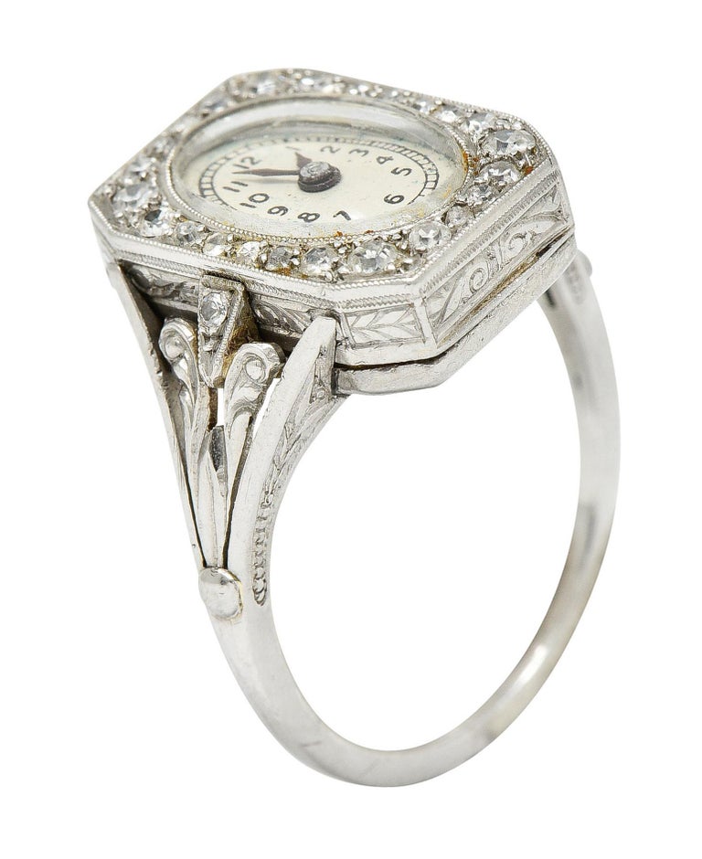 French 1930's Art Deco Diamond Platinum Watch Ring For Sale 5