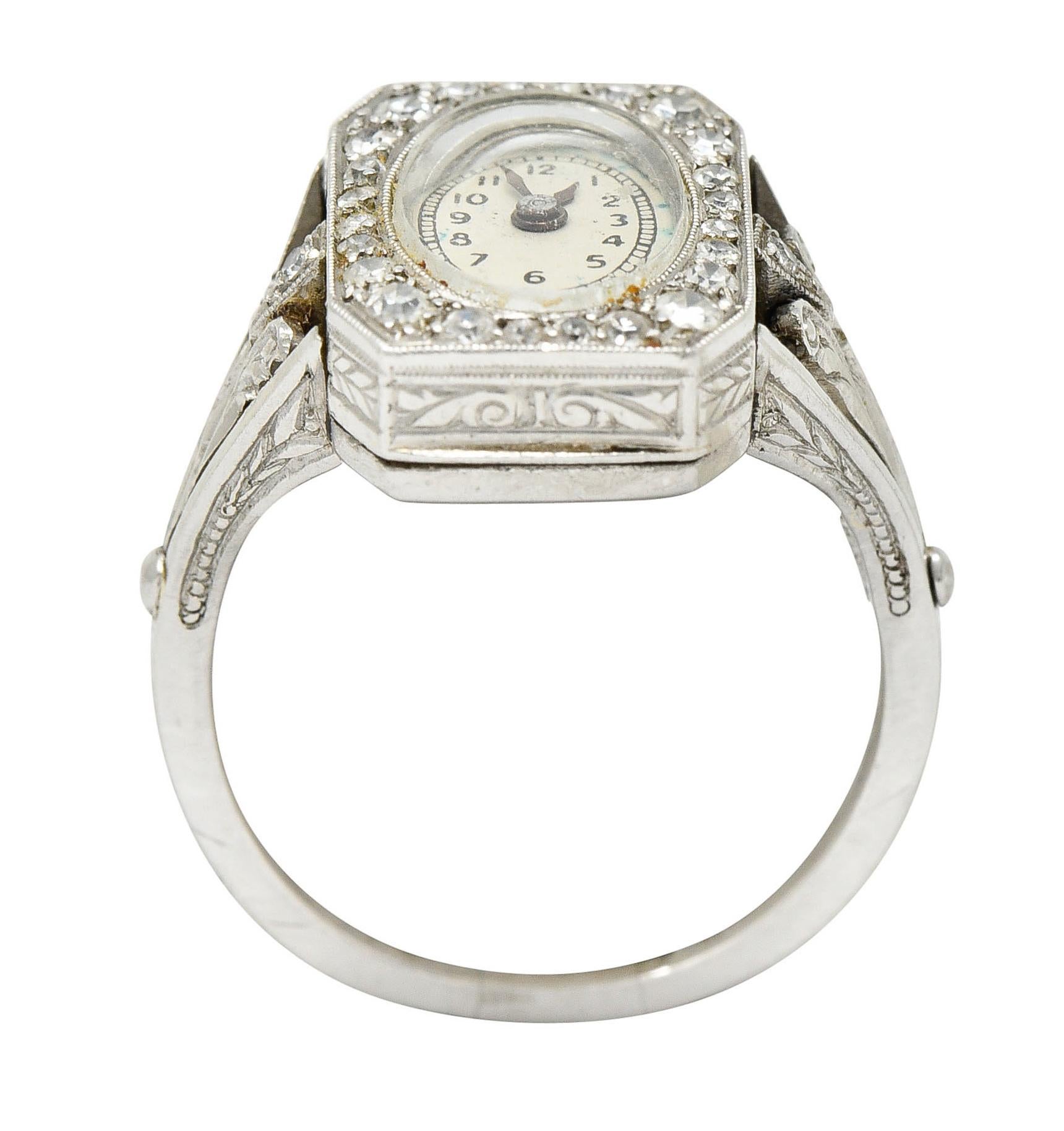 Women's or Men's French 1930's Art Deco Diamond Platinum Watch Ring