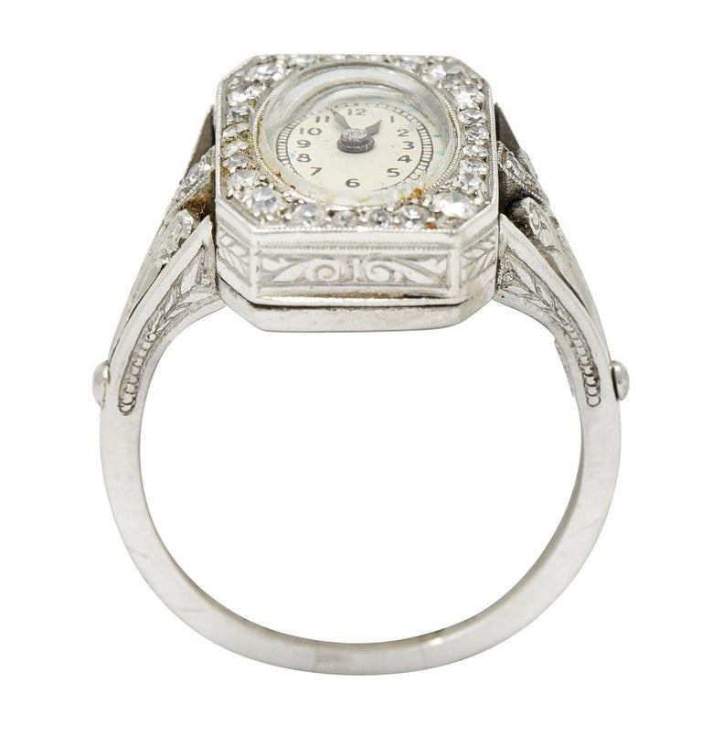 French 1930's Art Deco Diamond Platinum Watch Ring For Sale 3