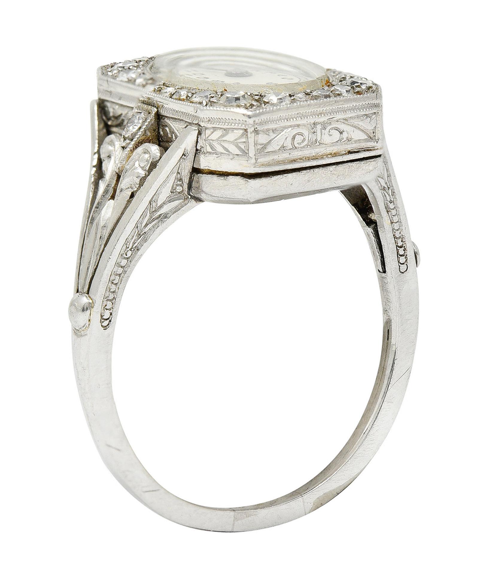 French 1930's Art Deco Diamond Platinum Watch Ring 1