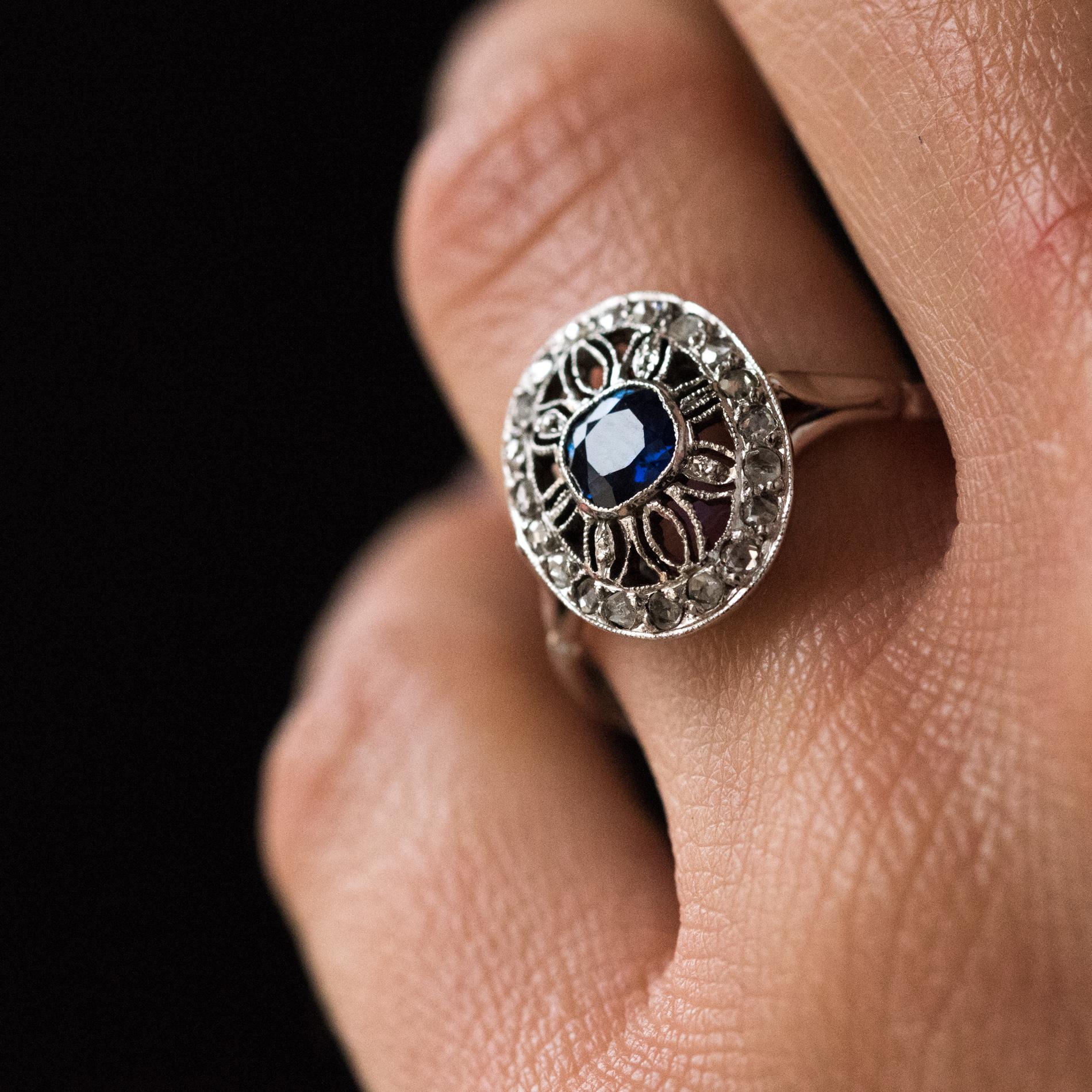 French 1930s Art Deco Diamond Sapphires Platinum Ring For Sale 8