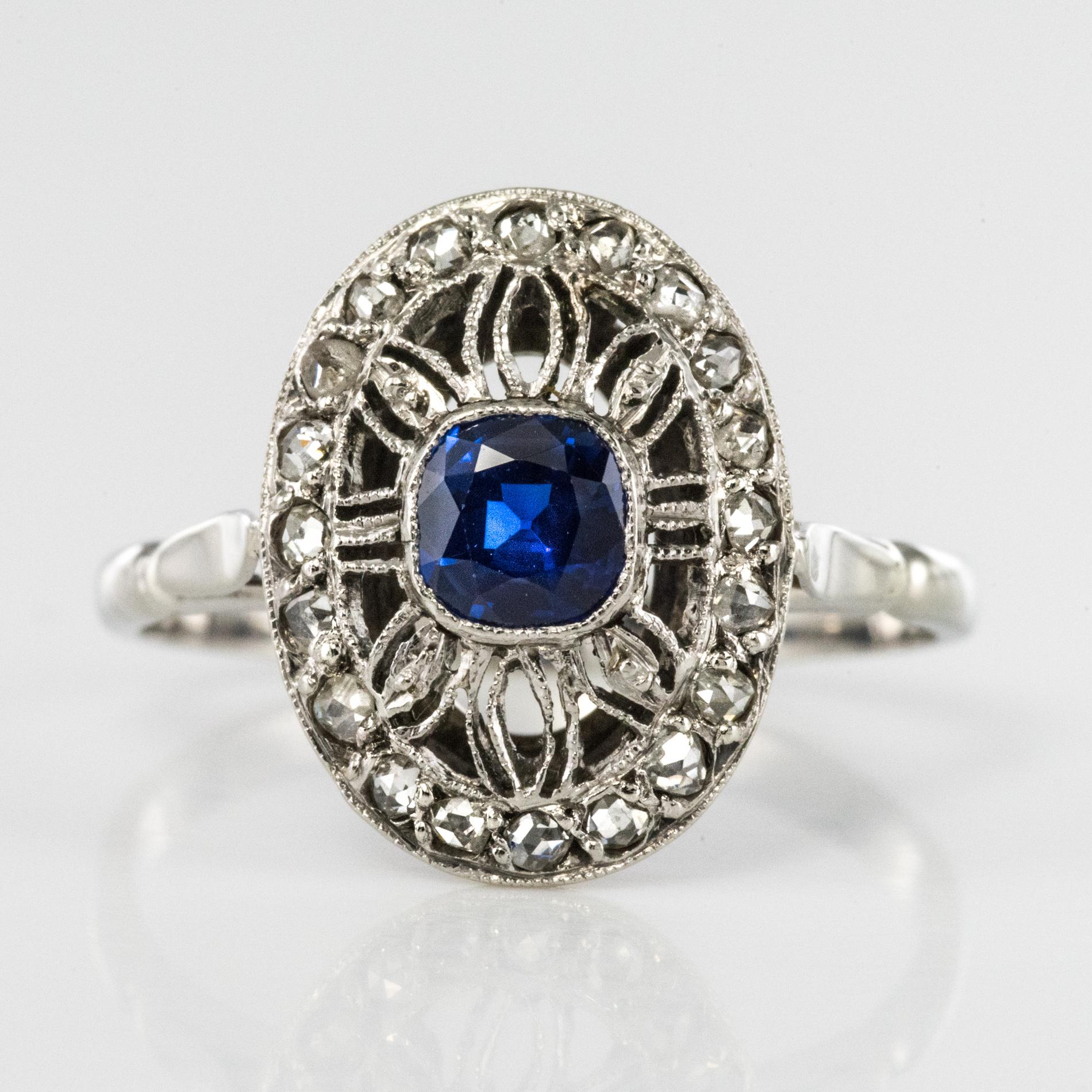 Cushion Cut French 1930s Art Deco Diamond Sapphires Platinum Ring For Sale