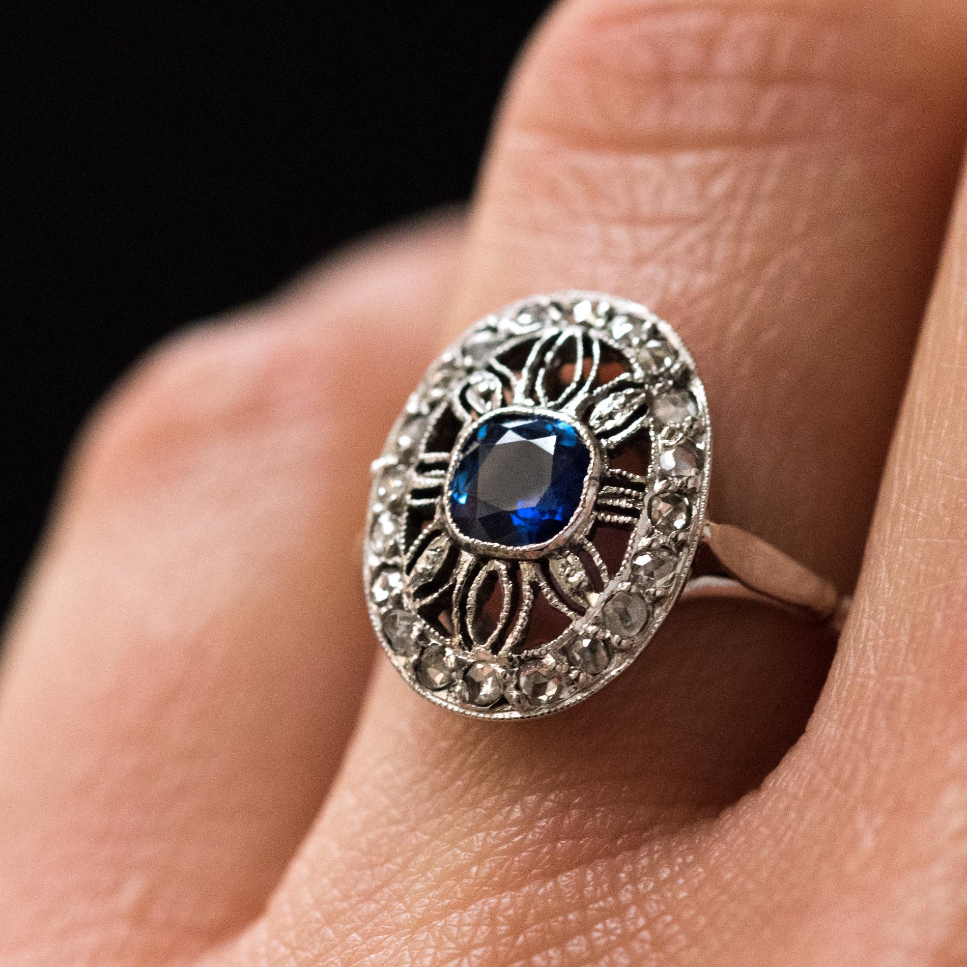 French 1930s Art Deco Diamond Sapphires Platinum Ring For Sale 1