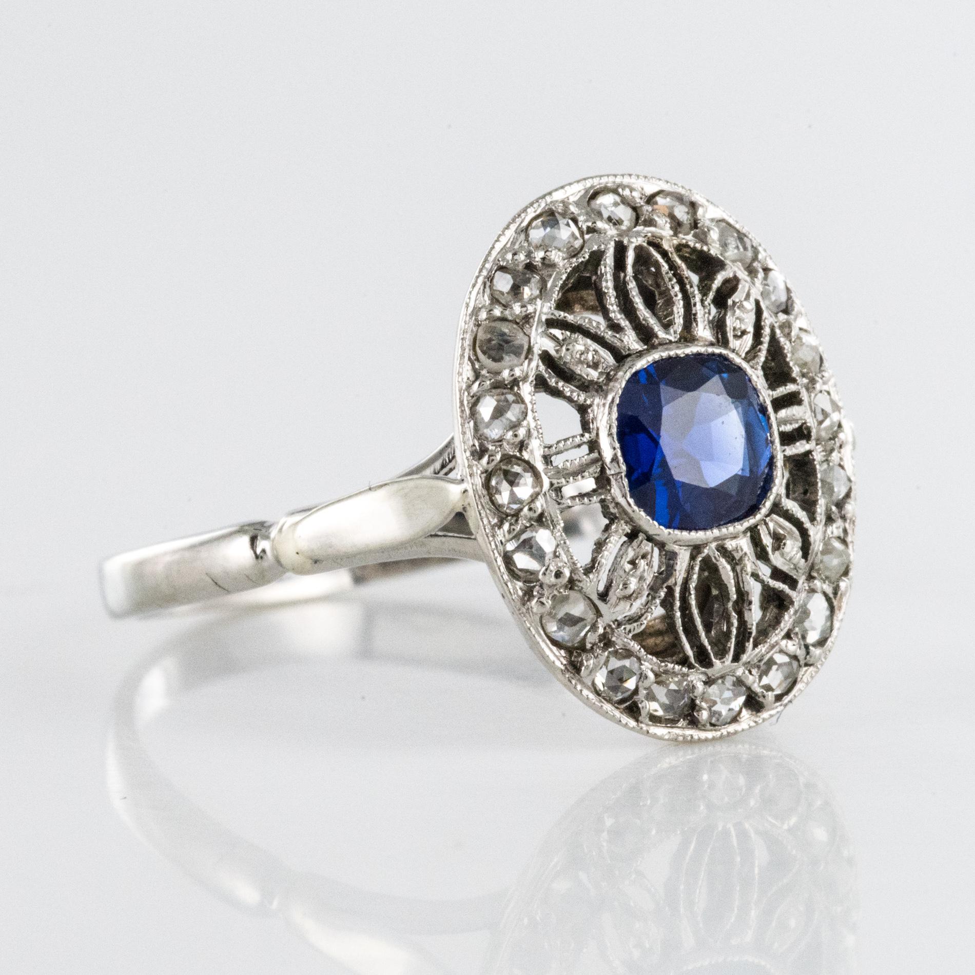 French 1930s Art Deco Diamond Sapphires Platinum Ring For Sale 2