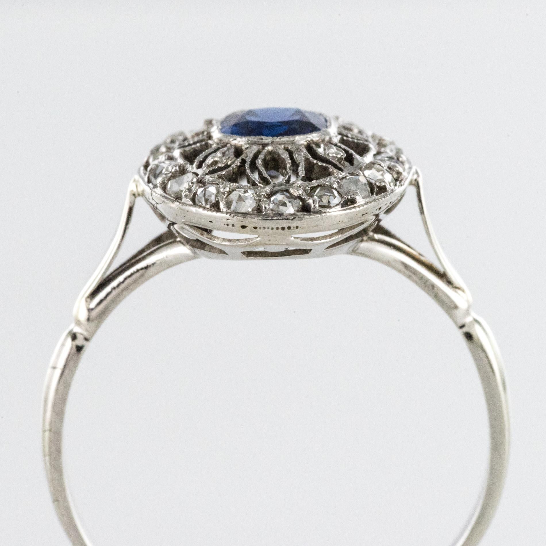 French 1930s Art Deco Diamond Sapphires Platinum Ring For Sale 4