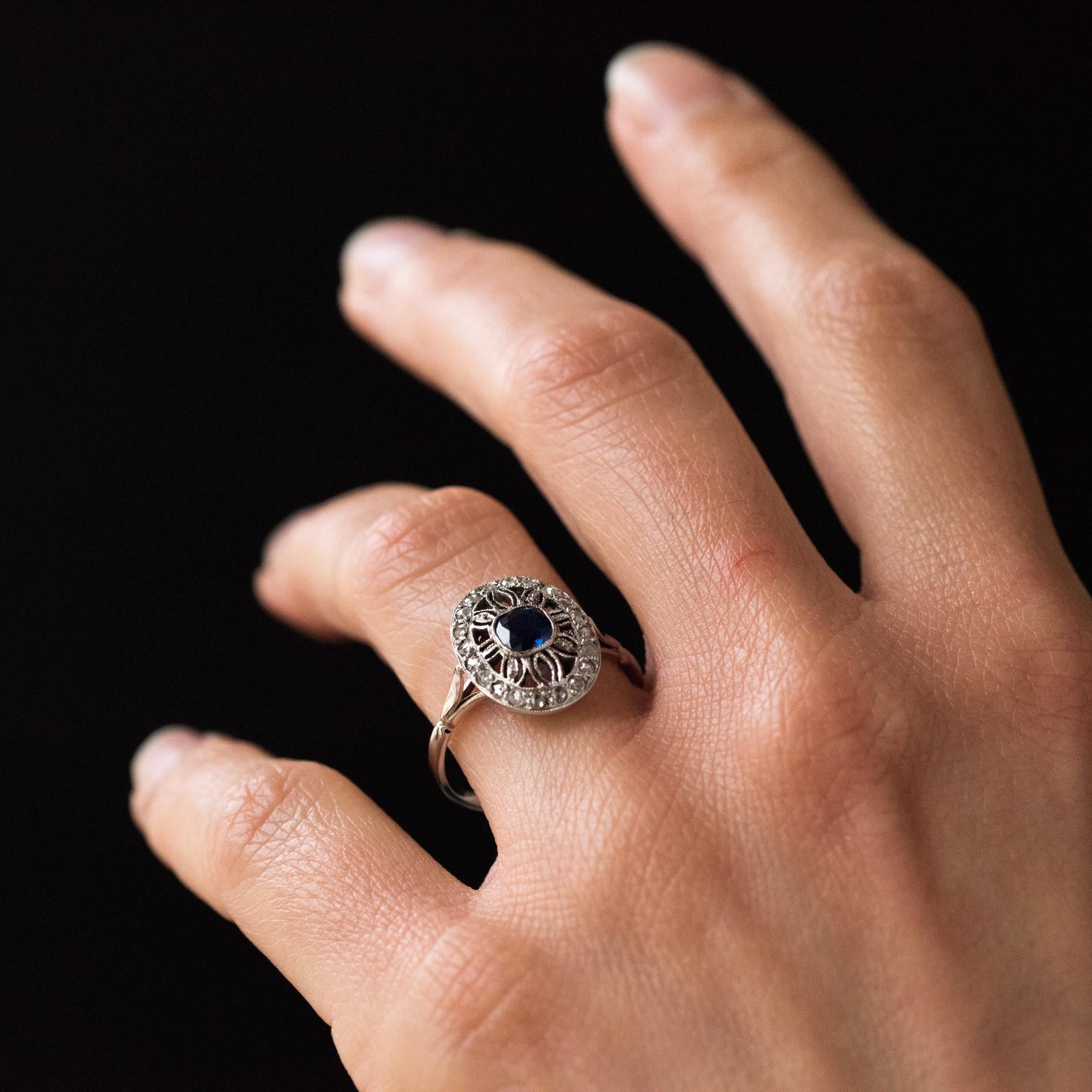 French 1930s Art Deco Diamond Sapphires Platinum Ring For Sale 5