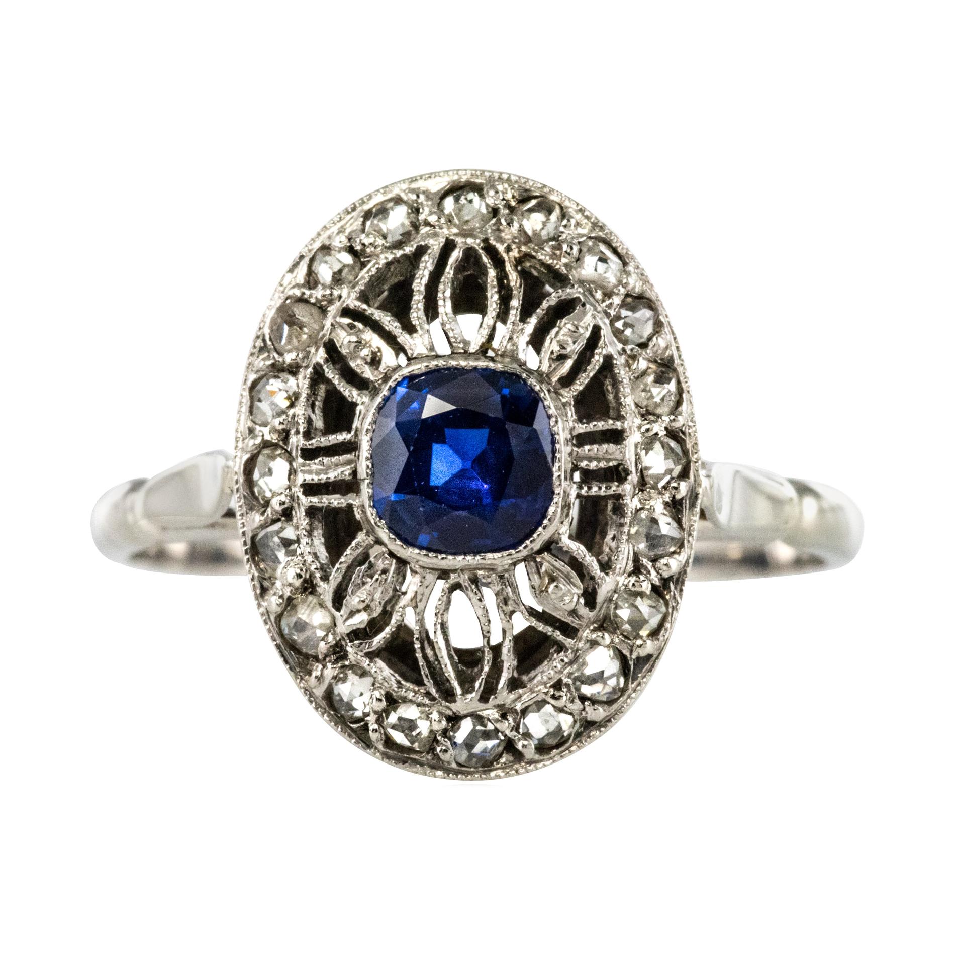 French 1930s Art Deco Diamond Sapphires Platinum Ring