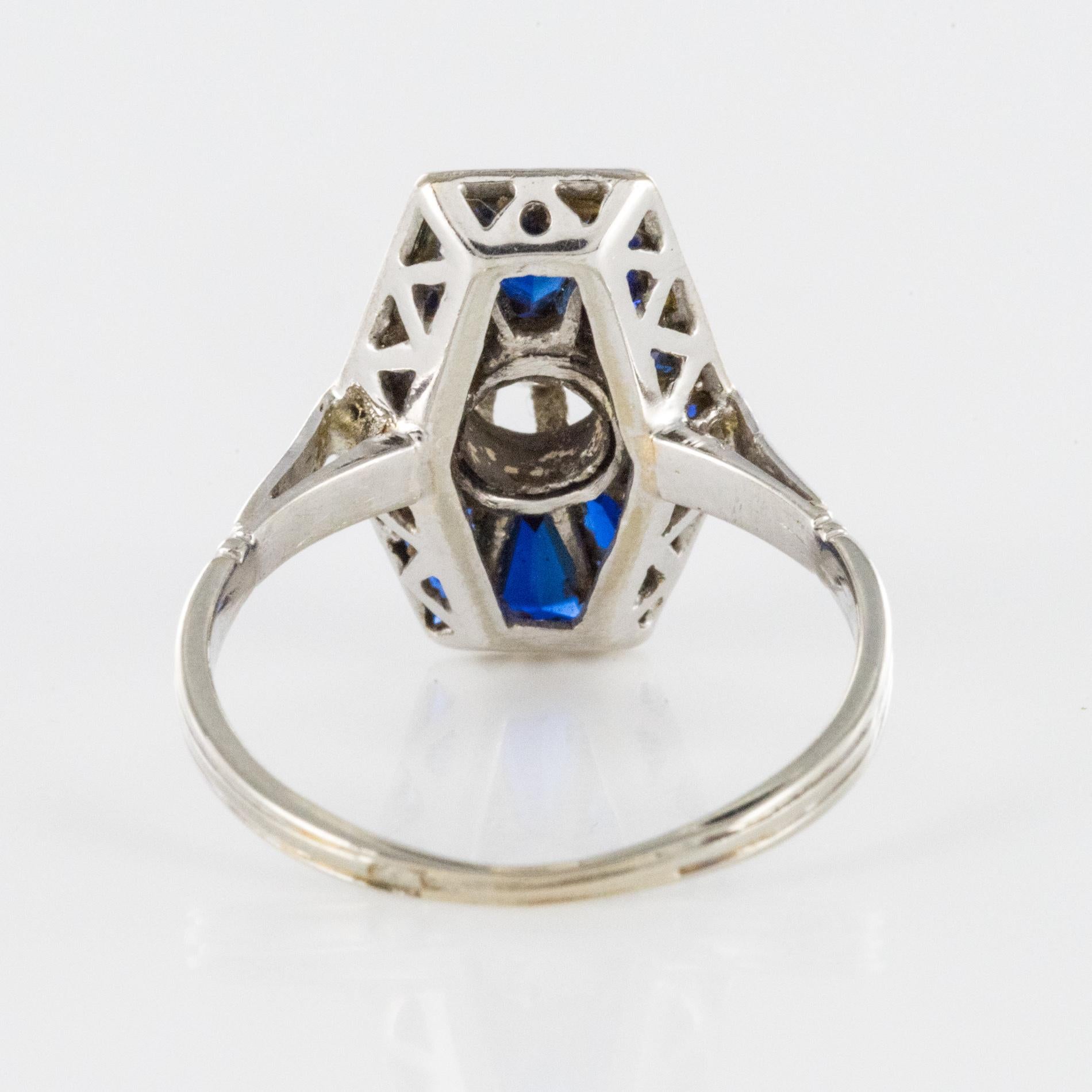 French 1930s Art Deco Diamond Sapphires Platinum White Gold Ring 5