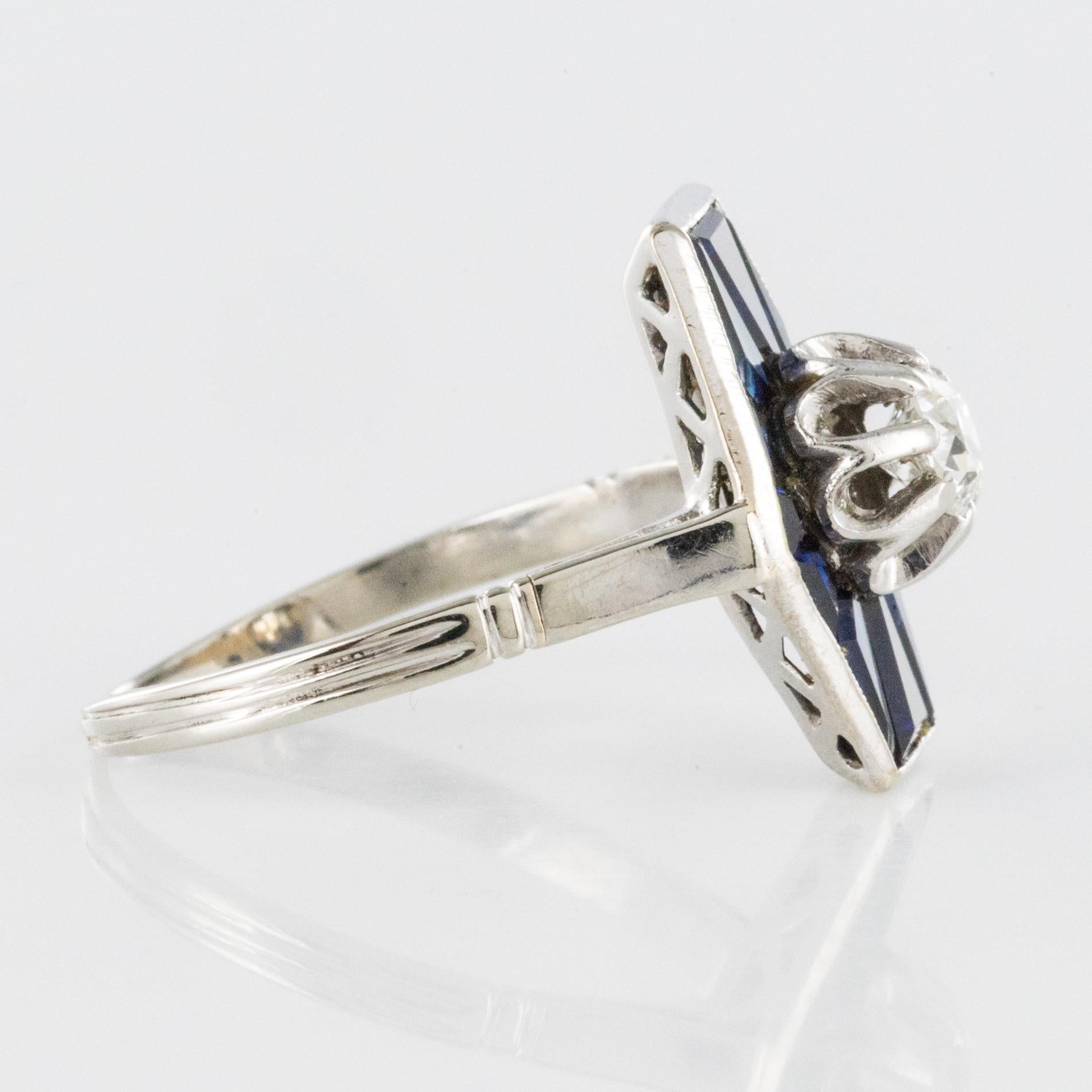 French 1930s Art Deco Diamond Sapphires Platinum White Gold Ring 7
