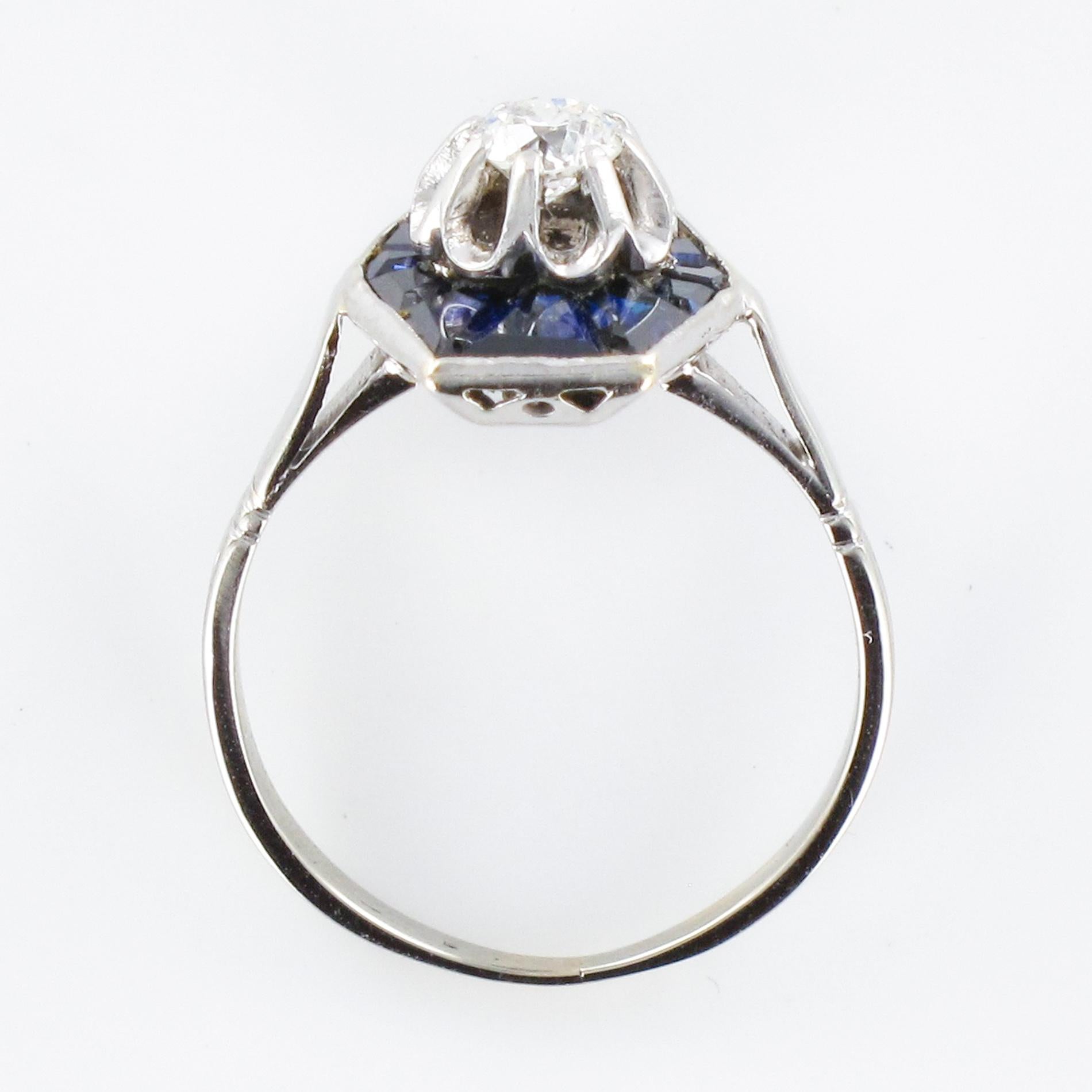 French 1930s Art Deco Diamond Sapphires Platinum White Gold Ring 8