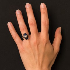 French 1930s Art Deco Diamond Sapphires Platinum White Gold Ring