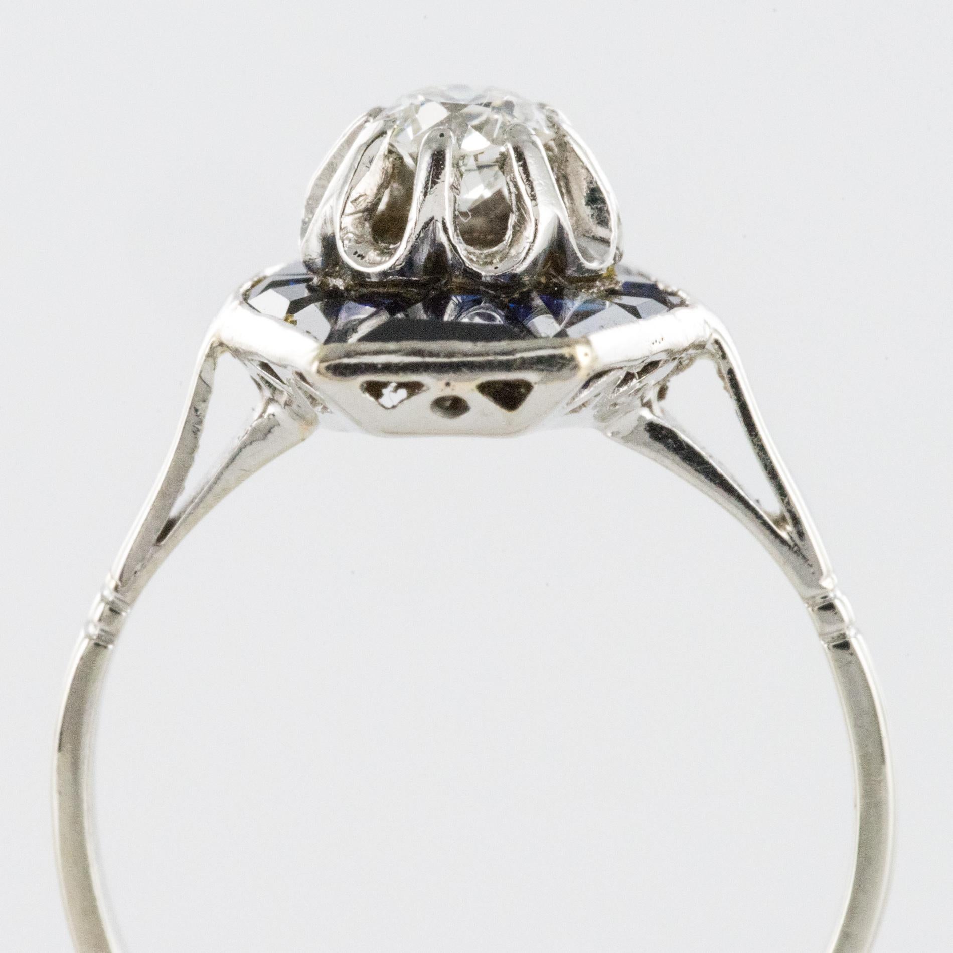 French 1930s Art Deco Diamond Sapphires Platinum White Gold Ring 1