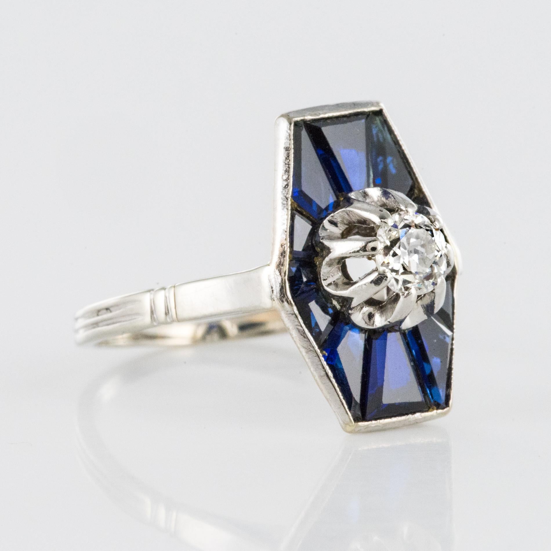 French 1930s Art Deco Diamond Sapphires Platinum White Gold Ring 2