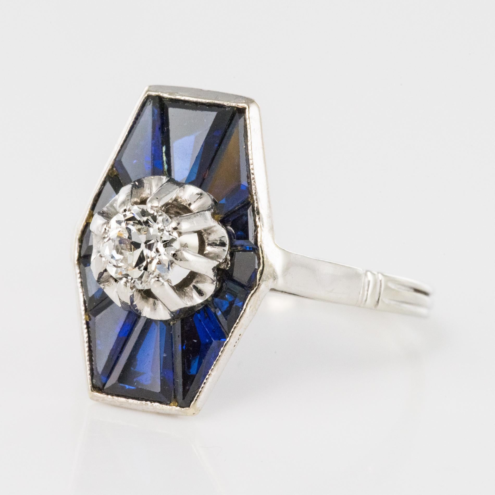 French 1930s Art Deco Diamond Sapphires Platinum White Gold Ring 4