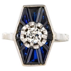 French 1930s Art Deco Diamond Sapphires Platinum White Gold Ring