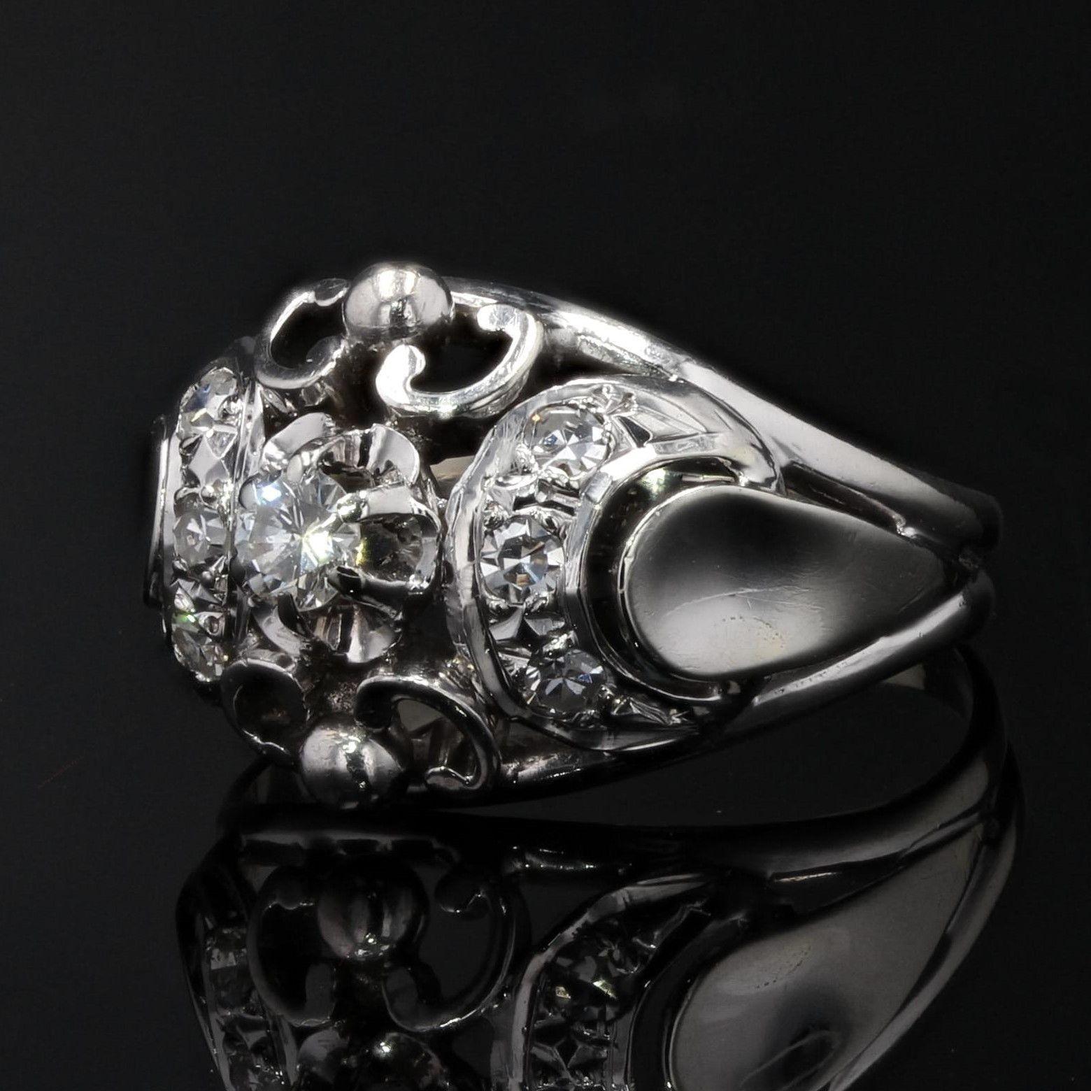 Art Deco French 1950s Diamonds 18 Karat White Gold Dome Ring For Sale