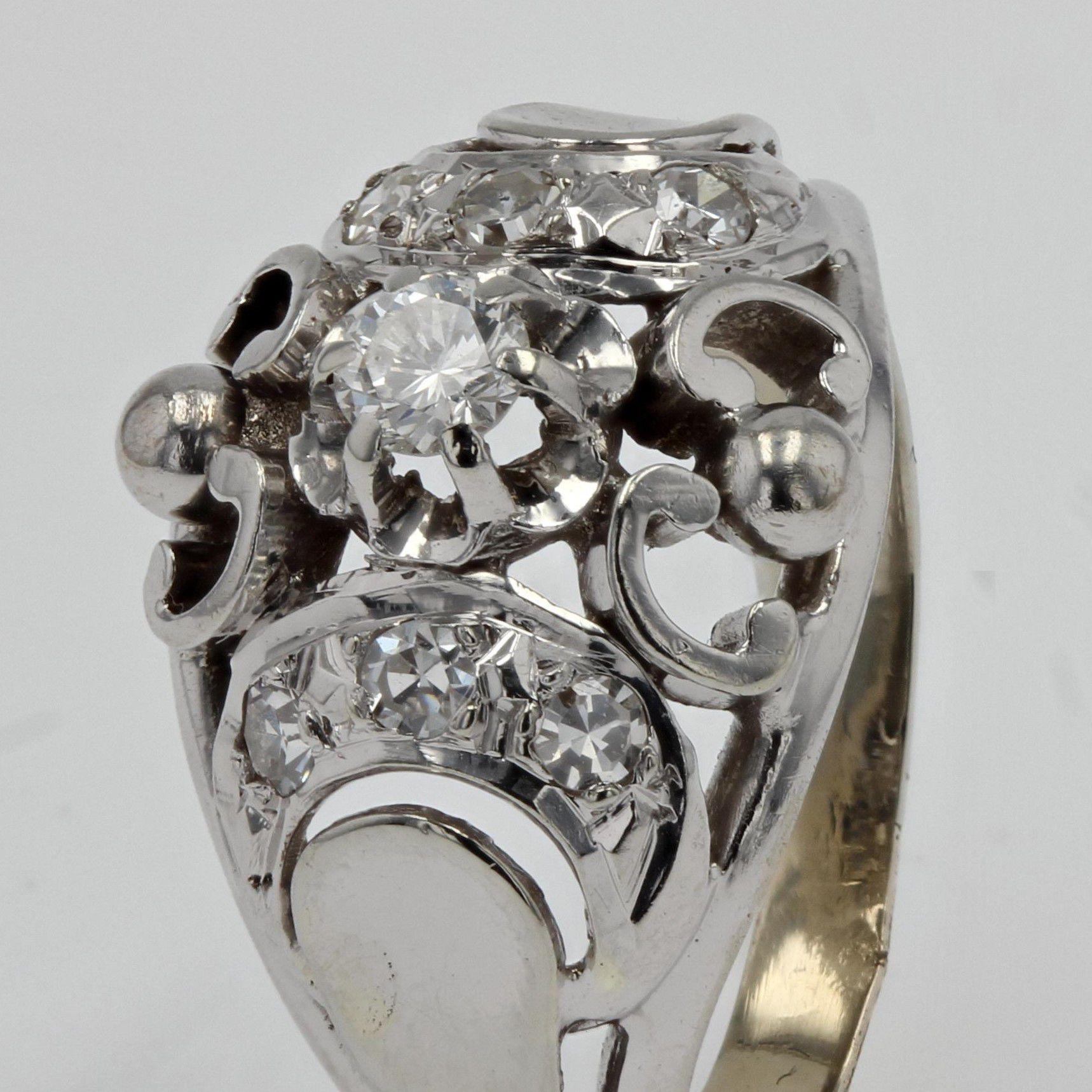 French 1950s Diamonds 18 Karat White Gold Dome Ring For Sale 1