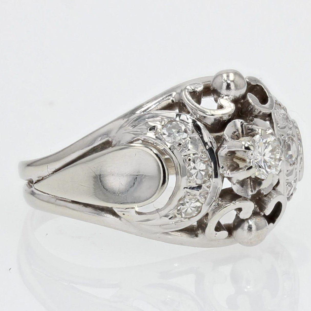 French 1950s Diamonds 18 Karat White Gold Dome Ring For Sale 2