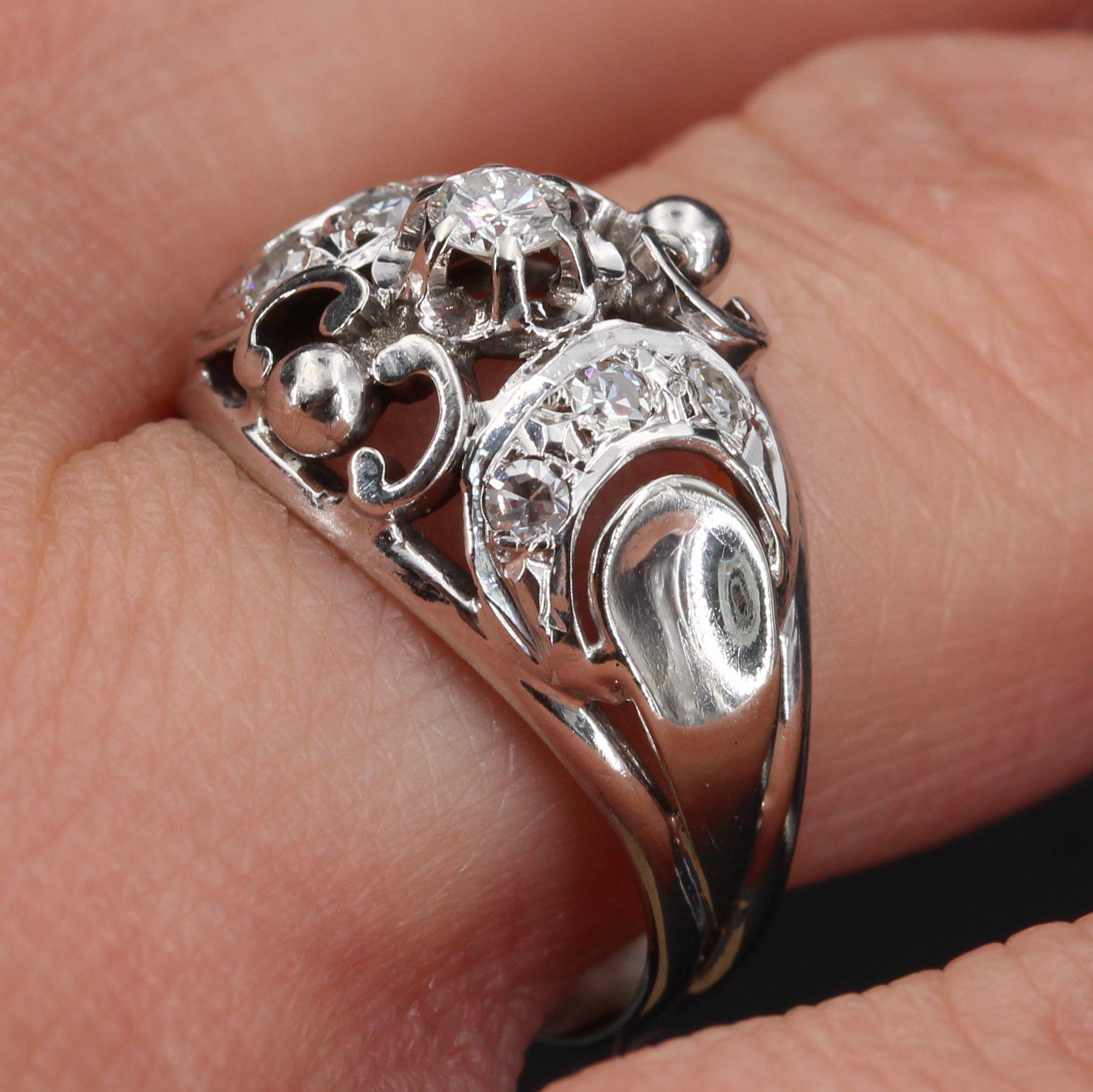 French 1950s Diamonds 18 Karat White Gold Dome Ring For Sale 3