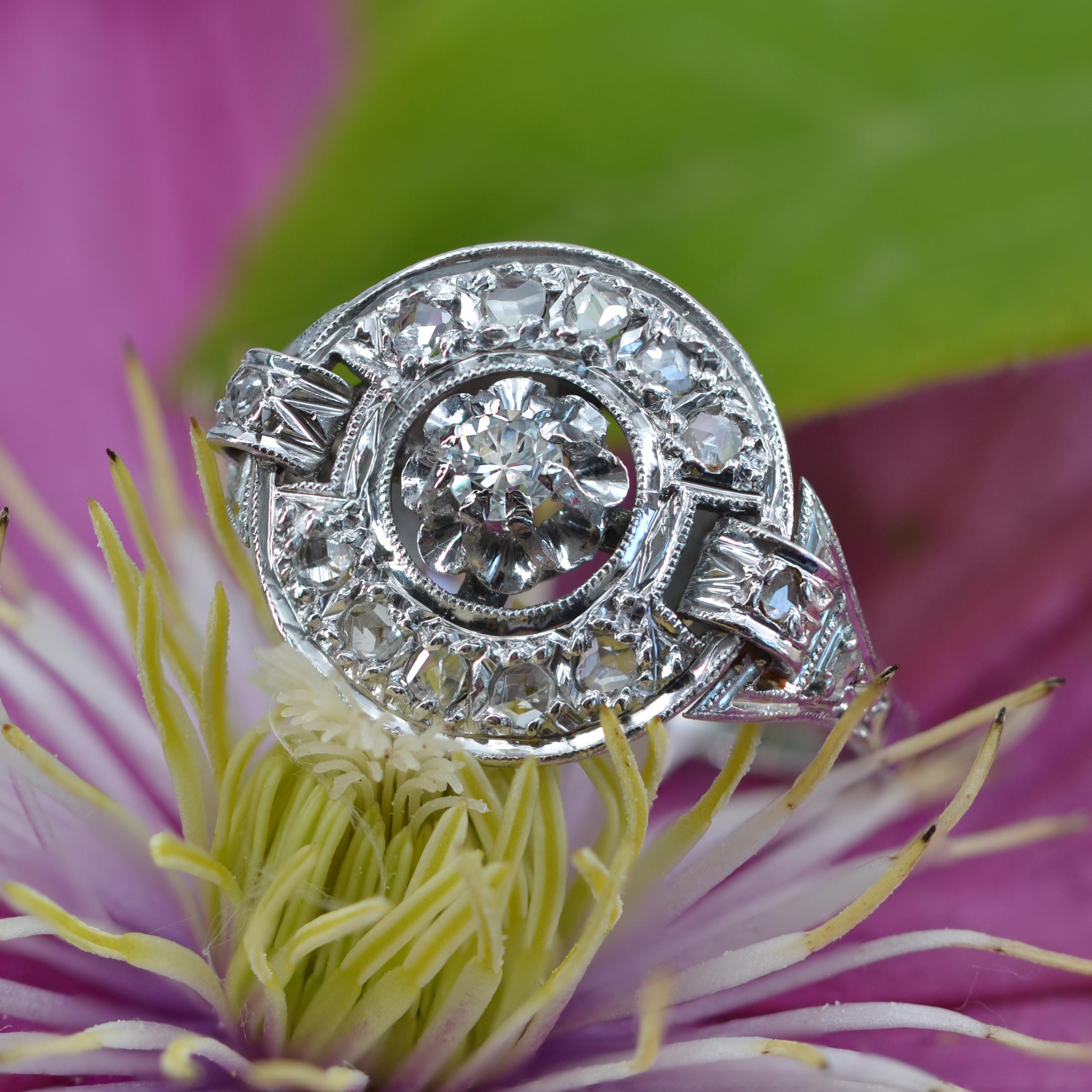 Rose Cut French 1930s Art Deco Diamonds 18 Karat White Gold Platinum Ring For Sale