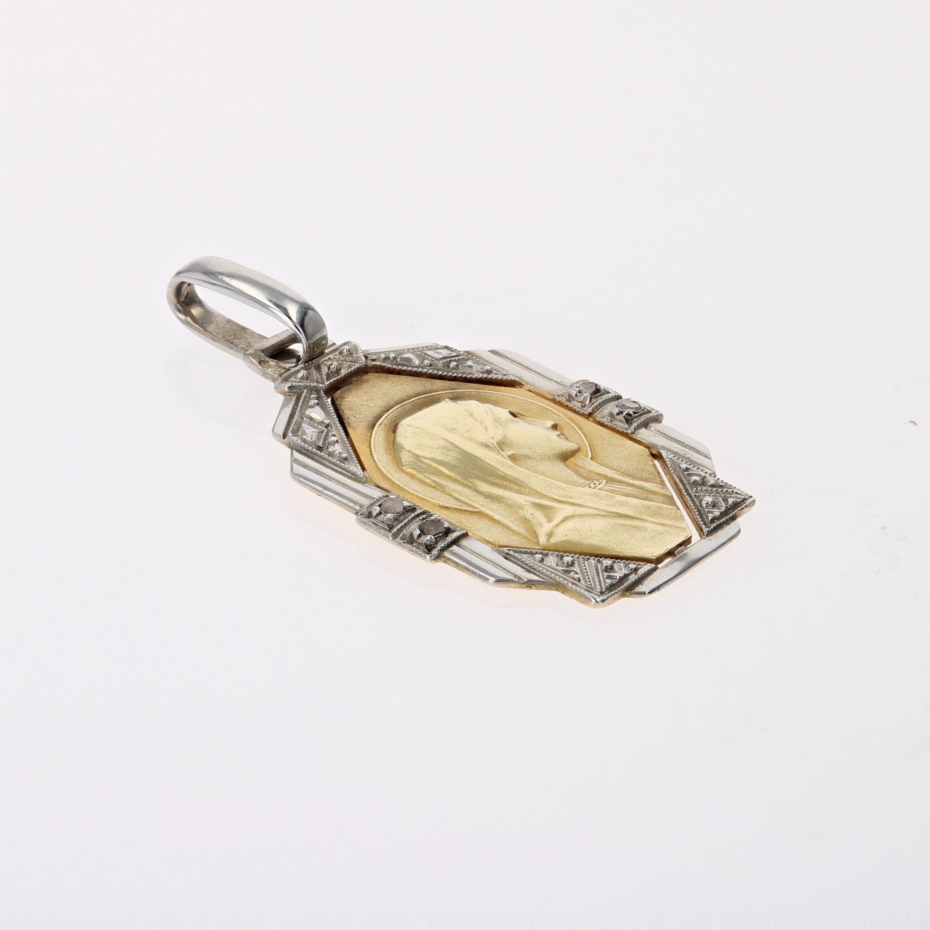 Taille rose Médaille de la Vierge Marie française Art déco des années 1930 en or jaune et blanc 18 carats avec diamants en vente