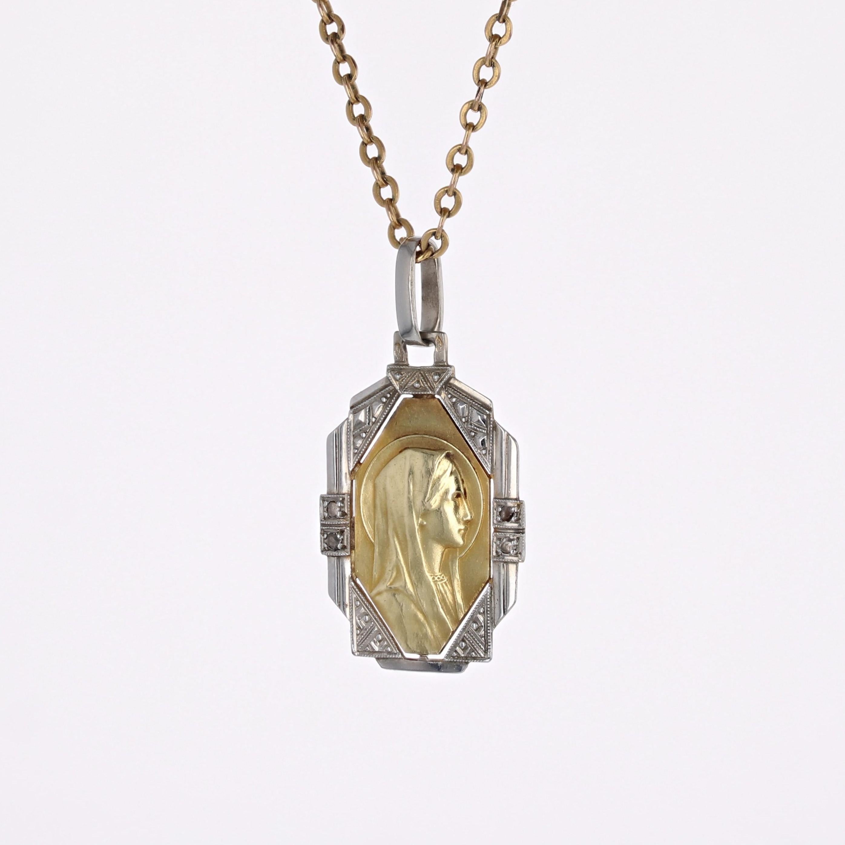 Women's French 1930s Art Deco Diamonds 18 Karat Yellow and White Gold Virgin Mary Medal For Sale