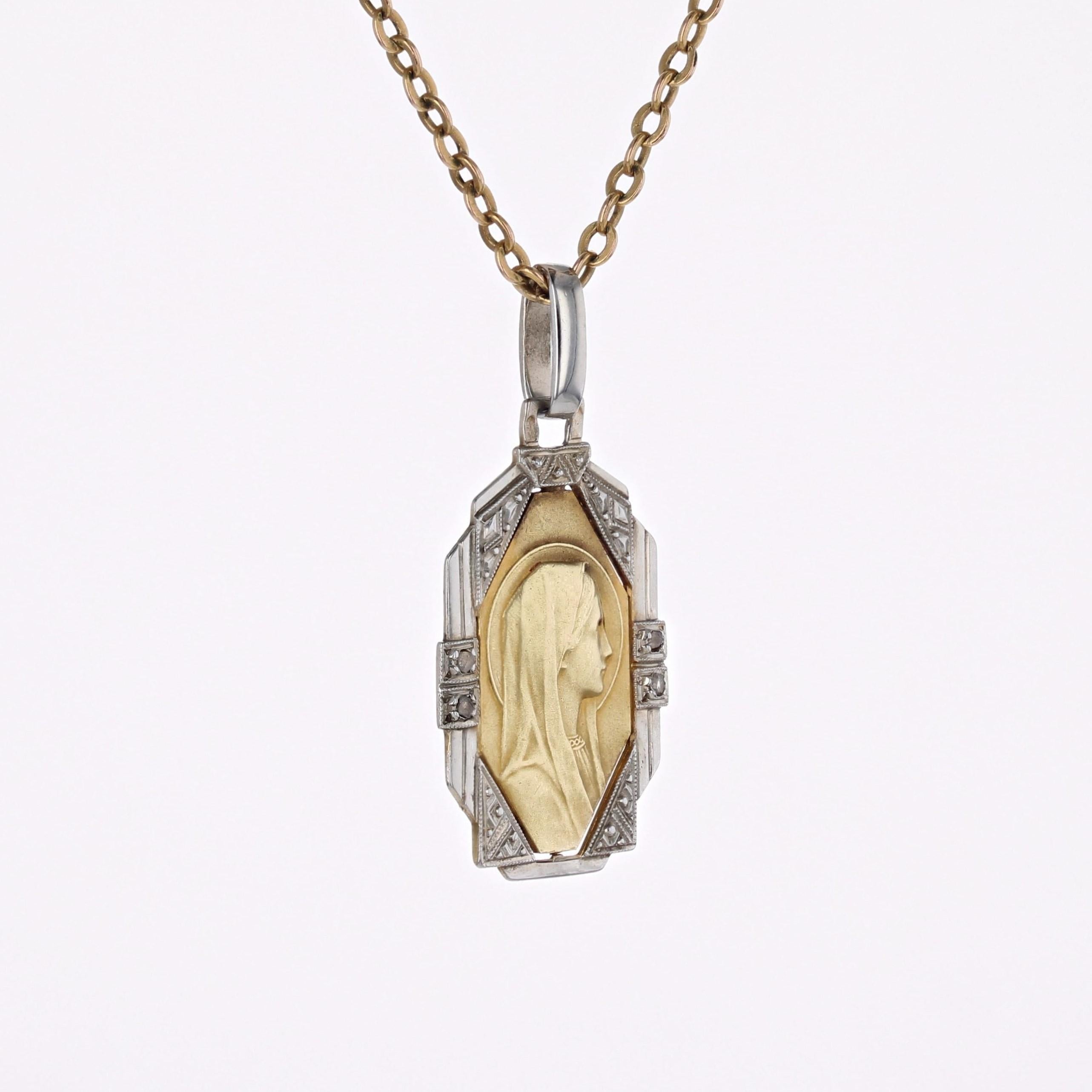 French 1930s Art Deco Diamonds 18 Karat Yellow and White Gold Virgin Mary Medal For Sale 1