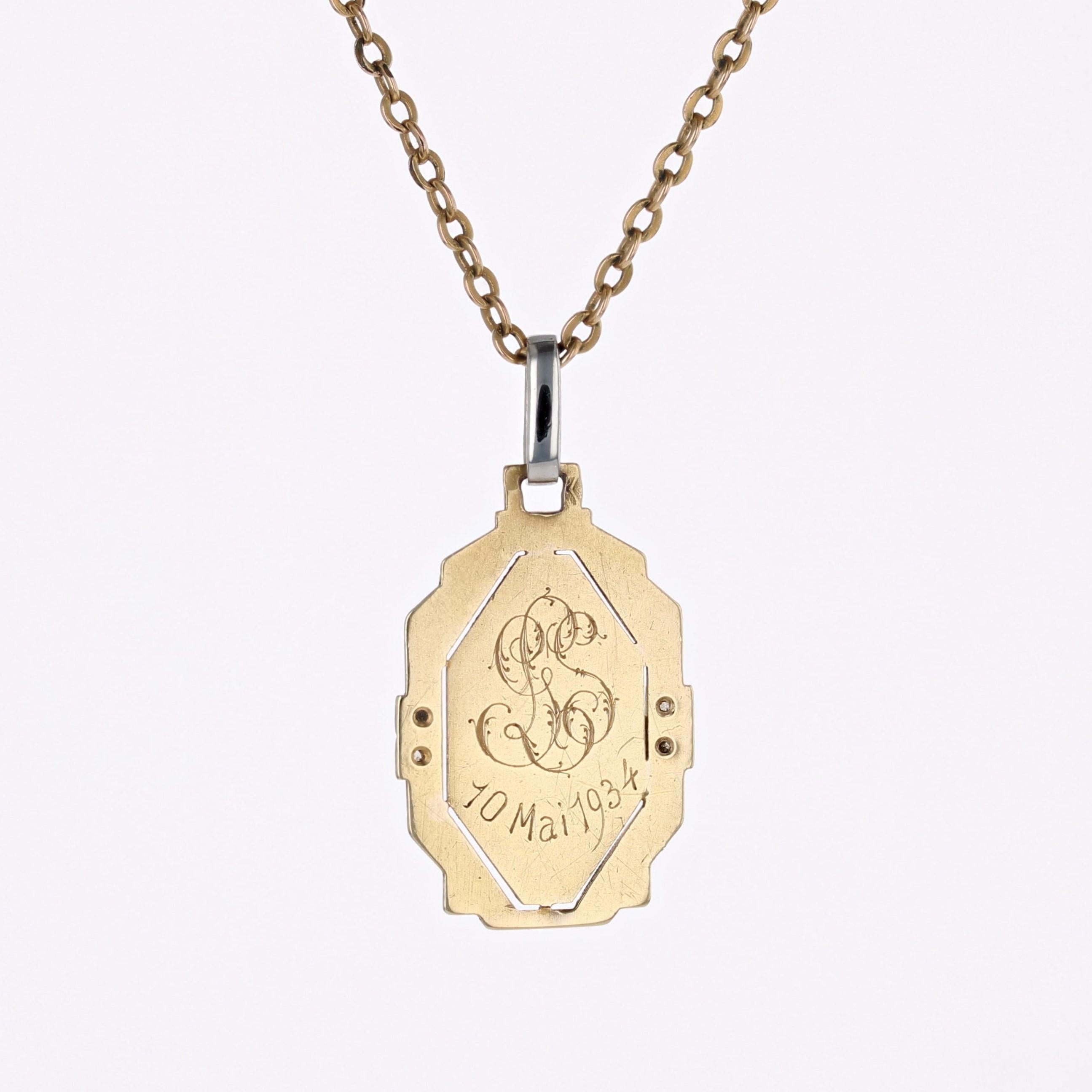 French 1930s Art Deco Diamonds 18 Karat Yellow and White Gold Virgin Mary Medal 3