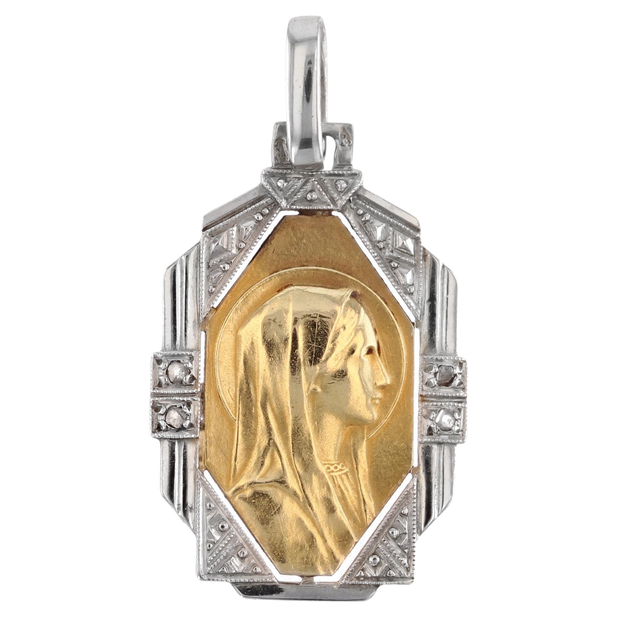 French 1930s Art Deco Diamonds 18 Karat Yellow and White Gold Virgin Mary Medal