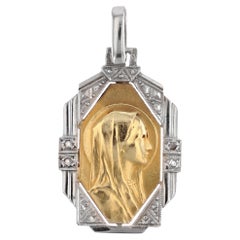 Vintage French 1930s Art Deco Diamonds 18 Karat Yellow and White Gold Virgin Mary Medal