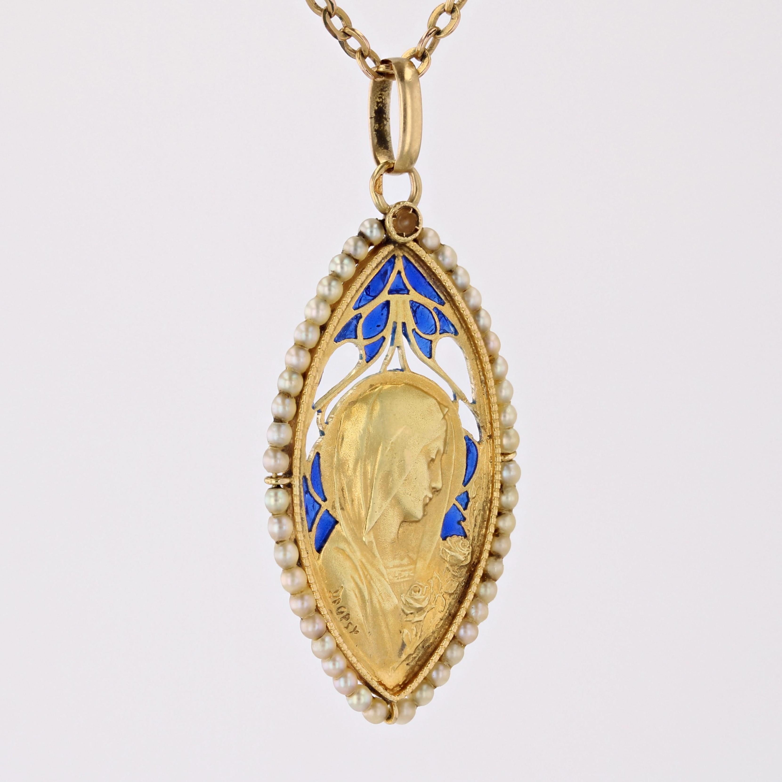 Women's French 1930s Art Deco Enamel Natural Pearl 18 Karat Yellow Gold Virgin Medal For Sale